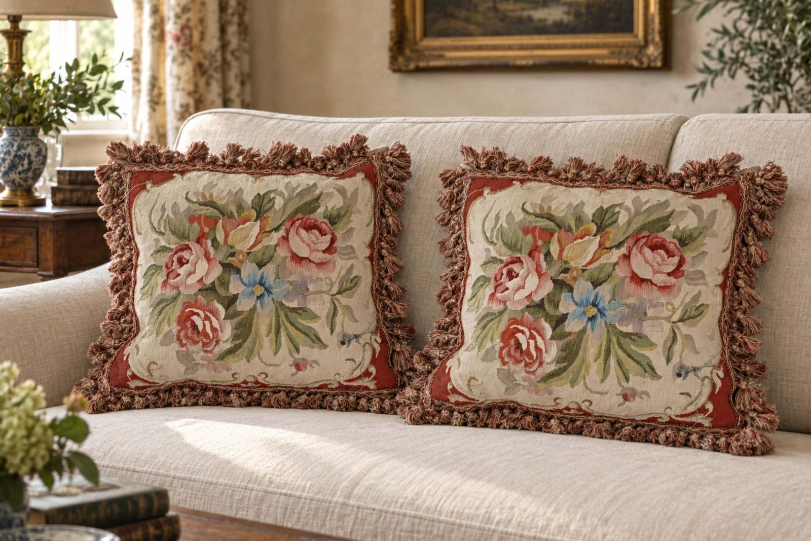 Housse de coussin en tapisserie tissée à la main, style Aubusson français, bouquet floral de roses photo Textiles