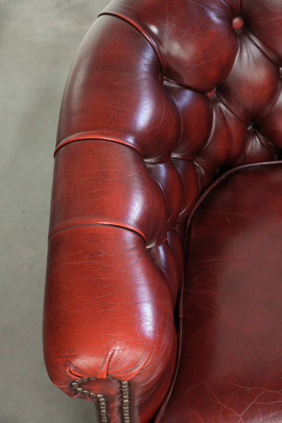 Nice, Subtle Cowhide Chesterfield Club Armchair In A Sought After And Timeless Red Color. photo buy