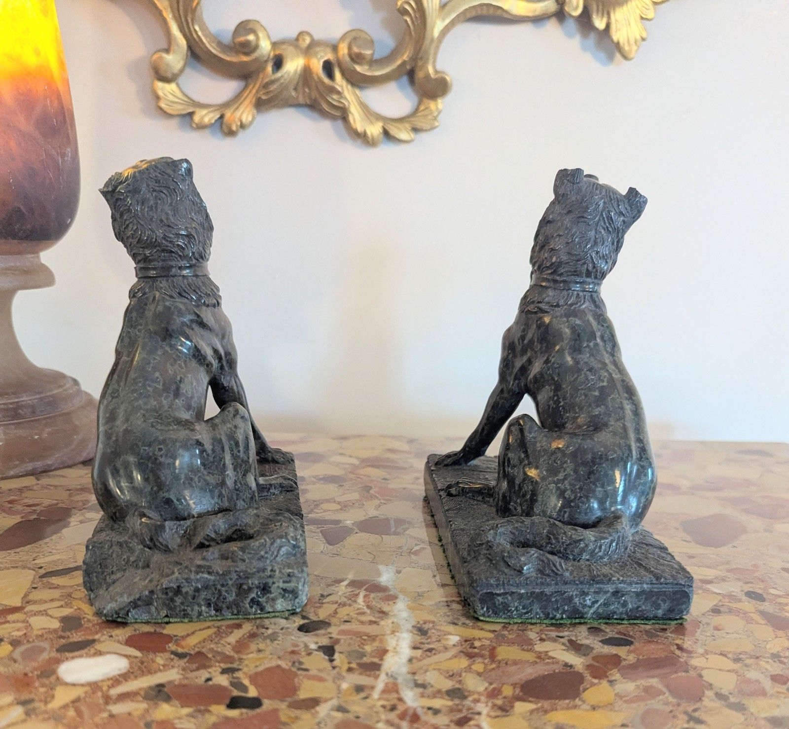 Pair Antique Marble Serpentine Molossian Hound Bookends Delivery Available 0375. photo vintage