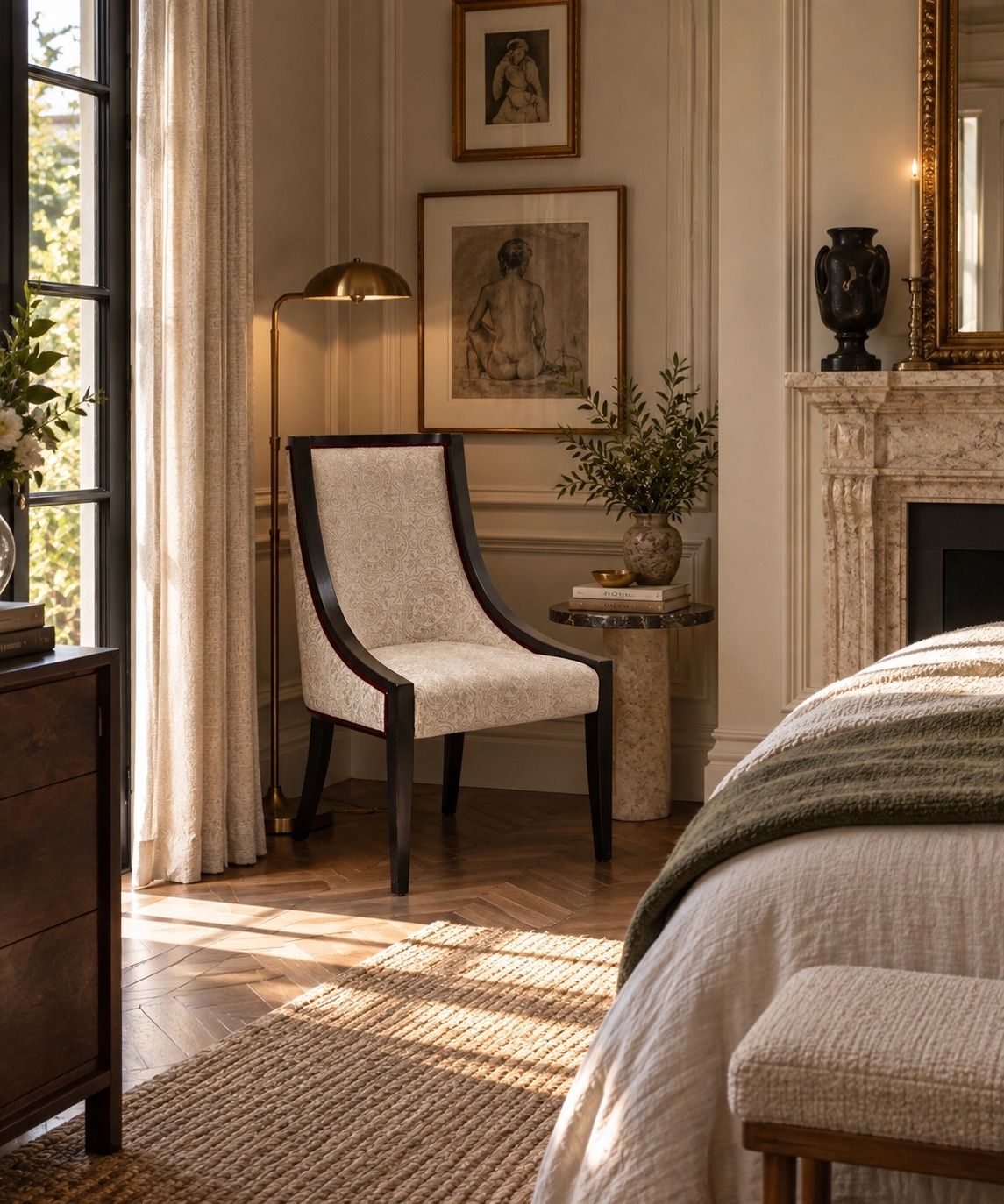Empire Revival Gondola Dining Chair Finished With An Ebonised Frame, Grey Damask Upholstery & Red Velour Piping Seven Chairs In Stock photo vintage