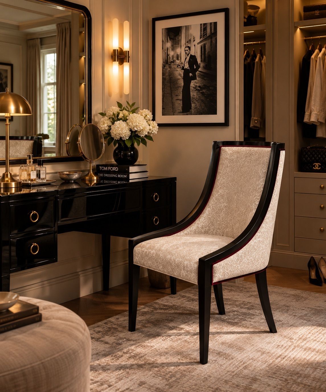 photo furniture Empire Revival Gondola Dining Chair Finished With An Ebonised Frame, Grey Damask Upholstery & Red Velour Piping Seven Chairs In Stock
