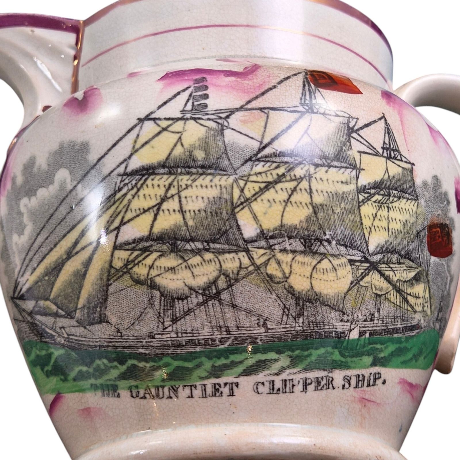 Antique Sunderland Garrison Pottery Masonic & Clipper Ship Jug, C.1855 photo vinterior