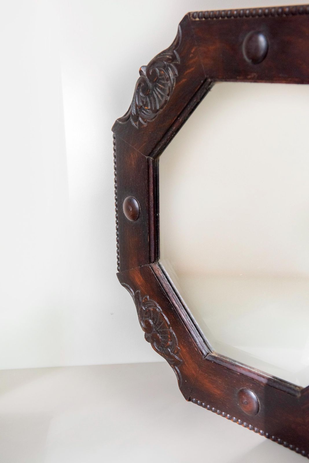 Antique Art Deco Octagonal Wall Mirror   Amsterdam School   Carved Dark Wood Mirror   Beveled Glass photo vinterior