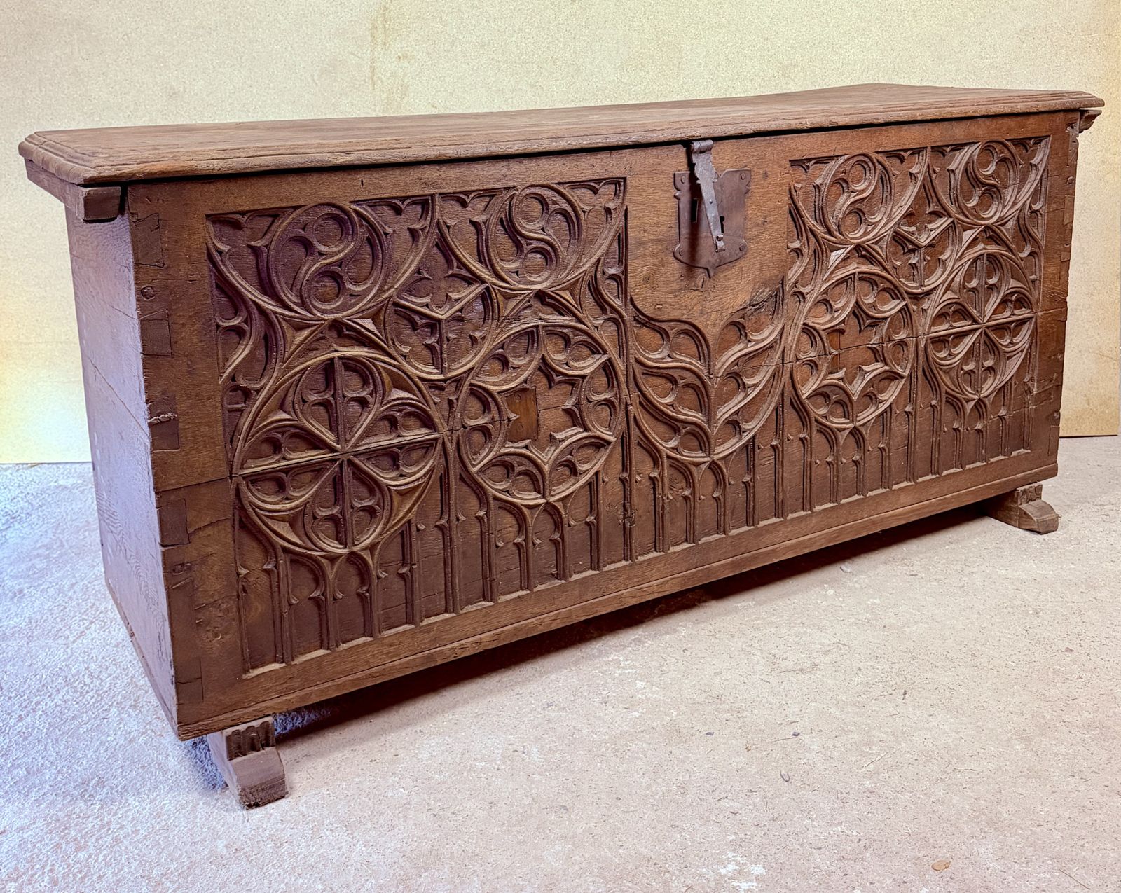Late 18th Century Spanish Carved Wood Chest With Gothic Decoration photo vintage