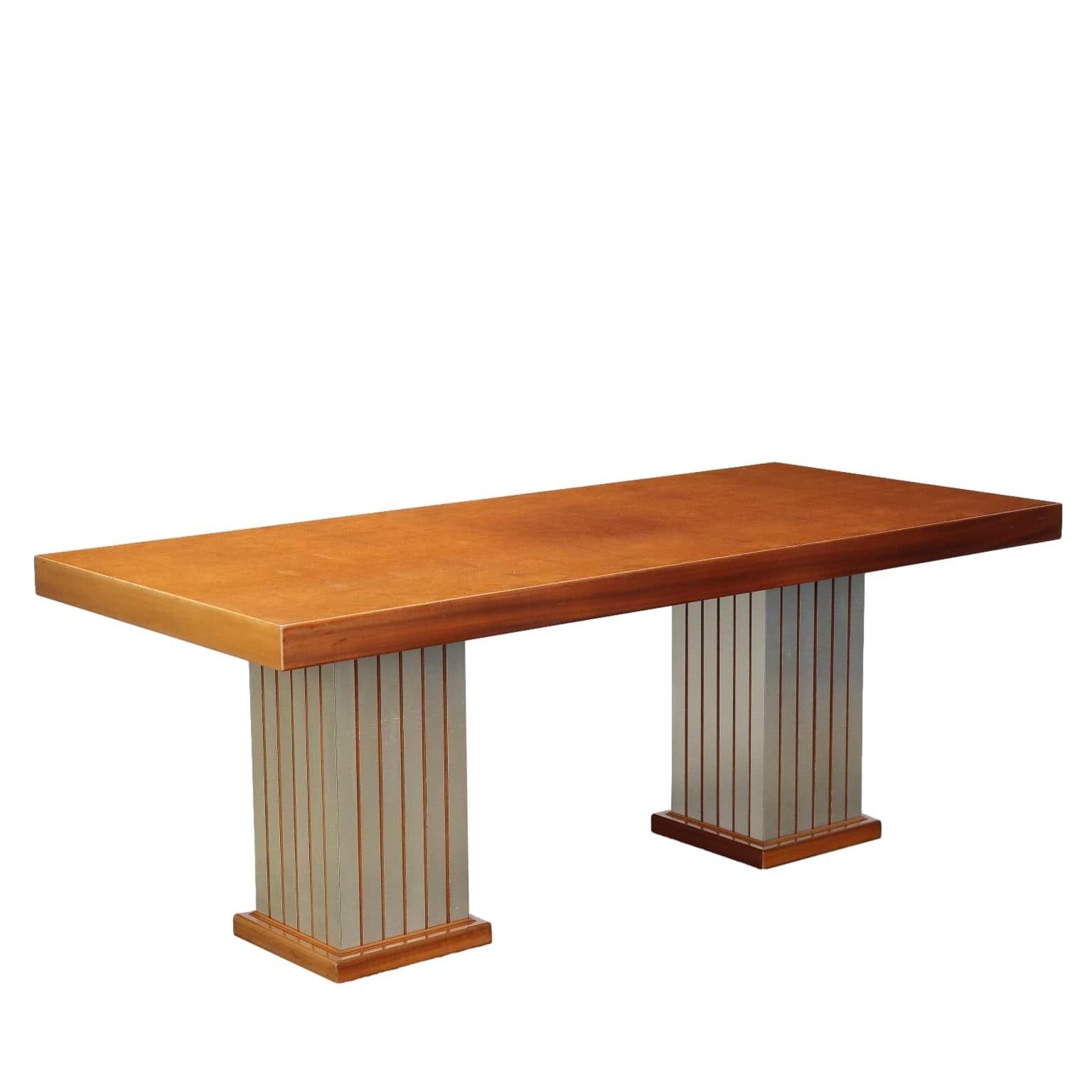 Vintage Table Mahogany Veneer Aluminium Italy 1970s 1980s
