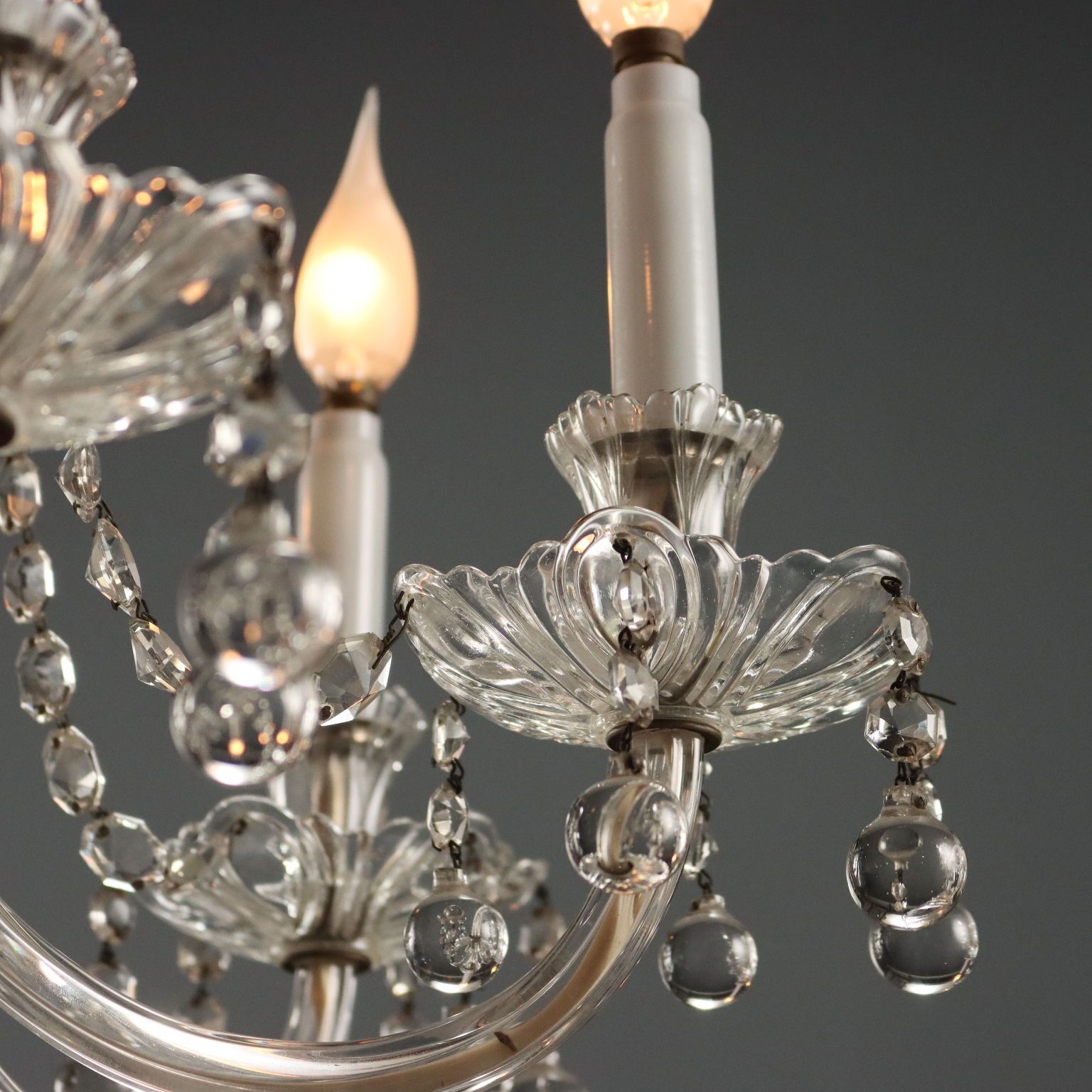 Lustre d'époque en verre 6 lumières, bobeches, Italie, début du XXe siècle photo Luminaires