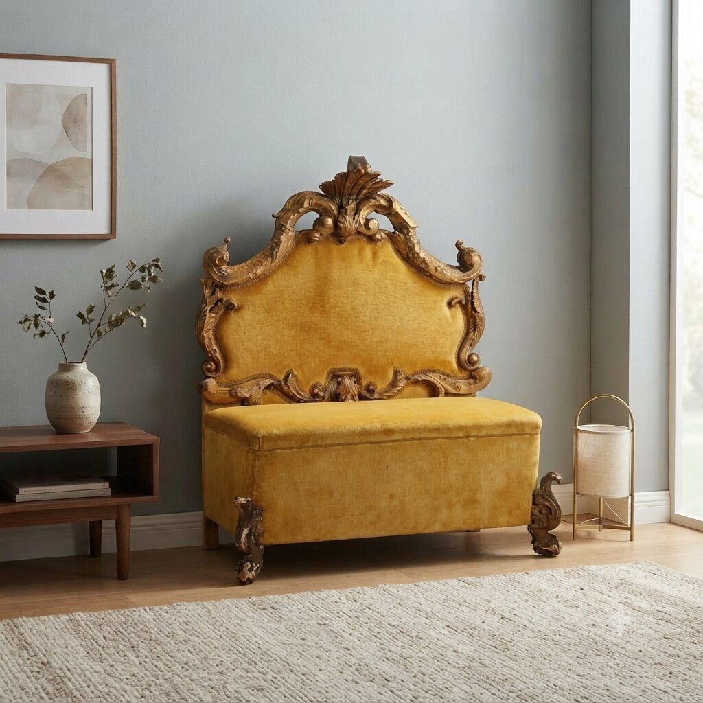 Bank Barokstijl Verguld Hout Stof XIX XX Eeuw photo furniture