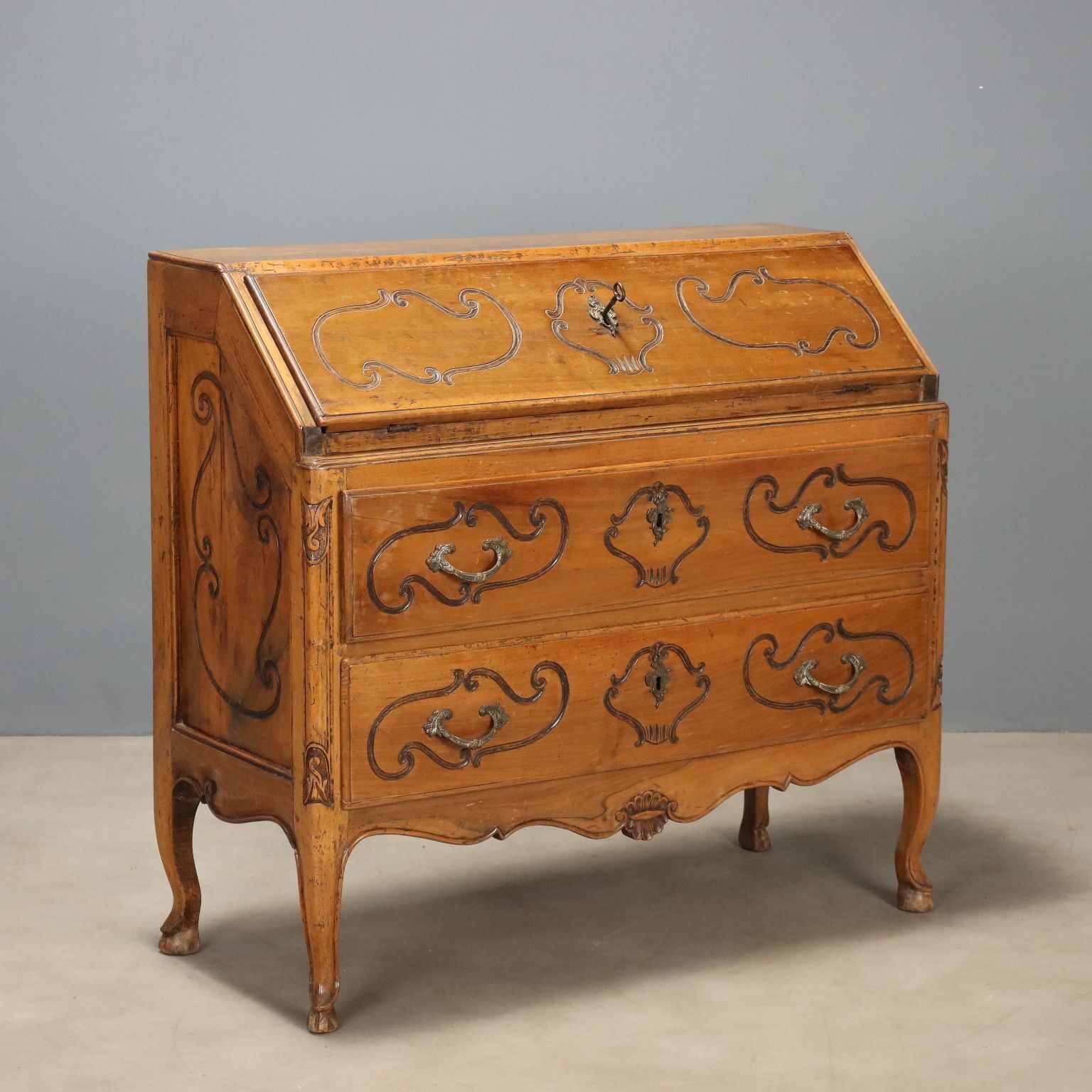 Secrétaire d'époque à abattant en bois ébénisé, 6 tiroirs, XVIIIe siècle