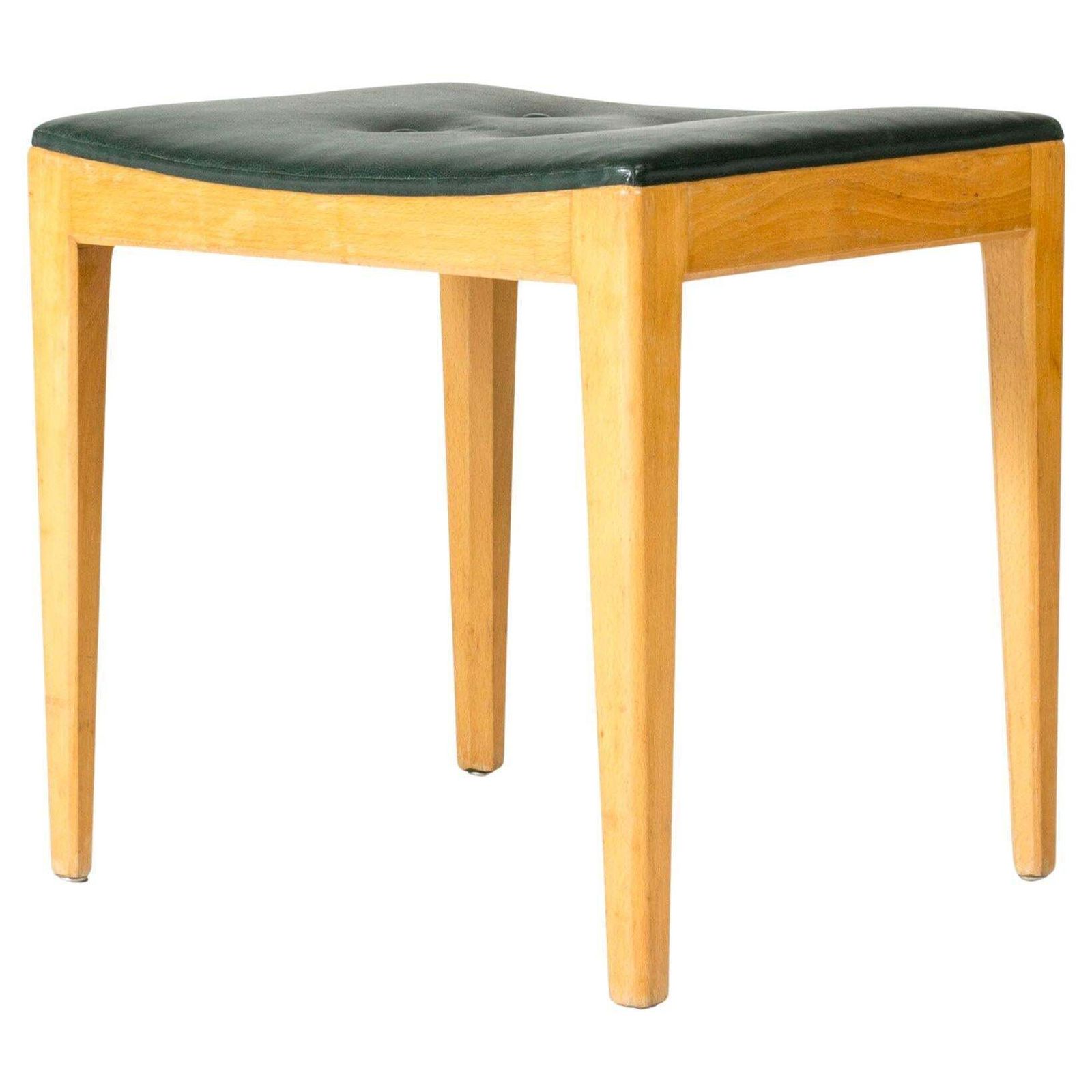 Midcentury Modern Stool With Green Leather, Axel Larsson, Sweden, 1950s