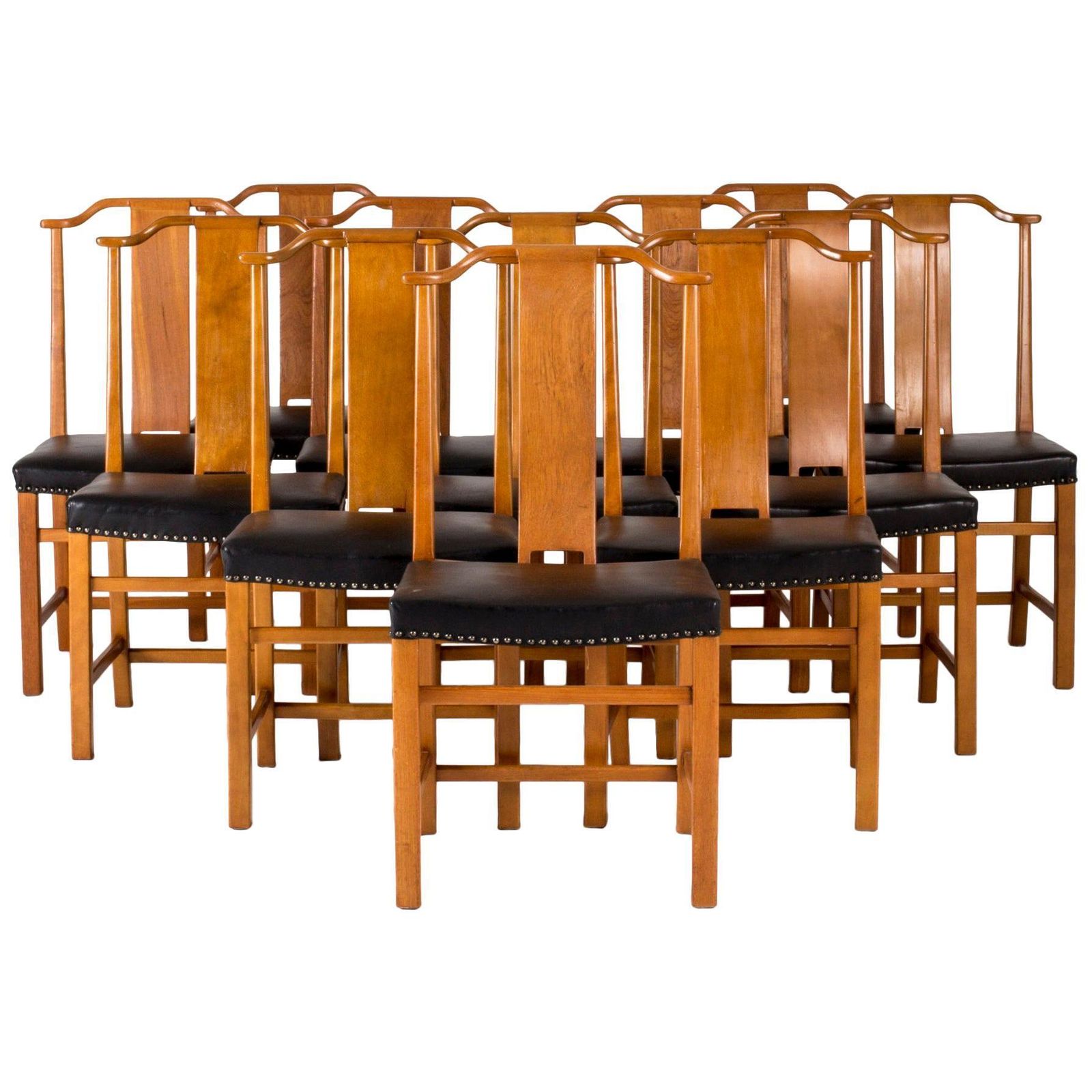 Set Of 12 Axel Larsson Dining Chairs, Stained Elmwood & Leather, 1940s