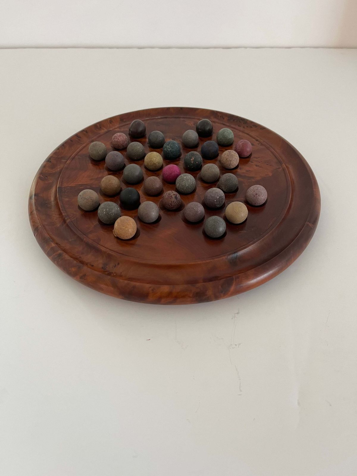 Marble Solitaire Board Game With 33 Handmade 19th Century Clay Or Stone Marbles. photo Home Decor