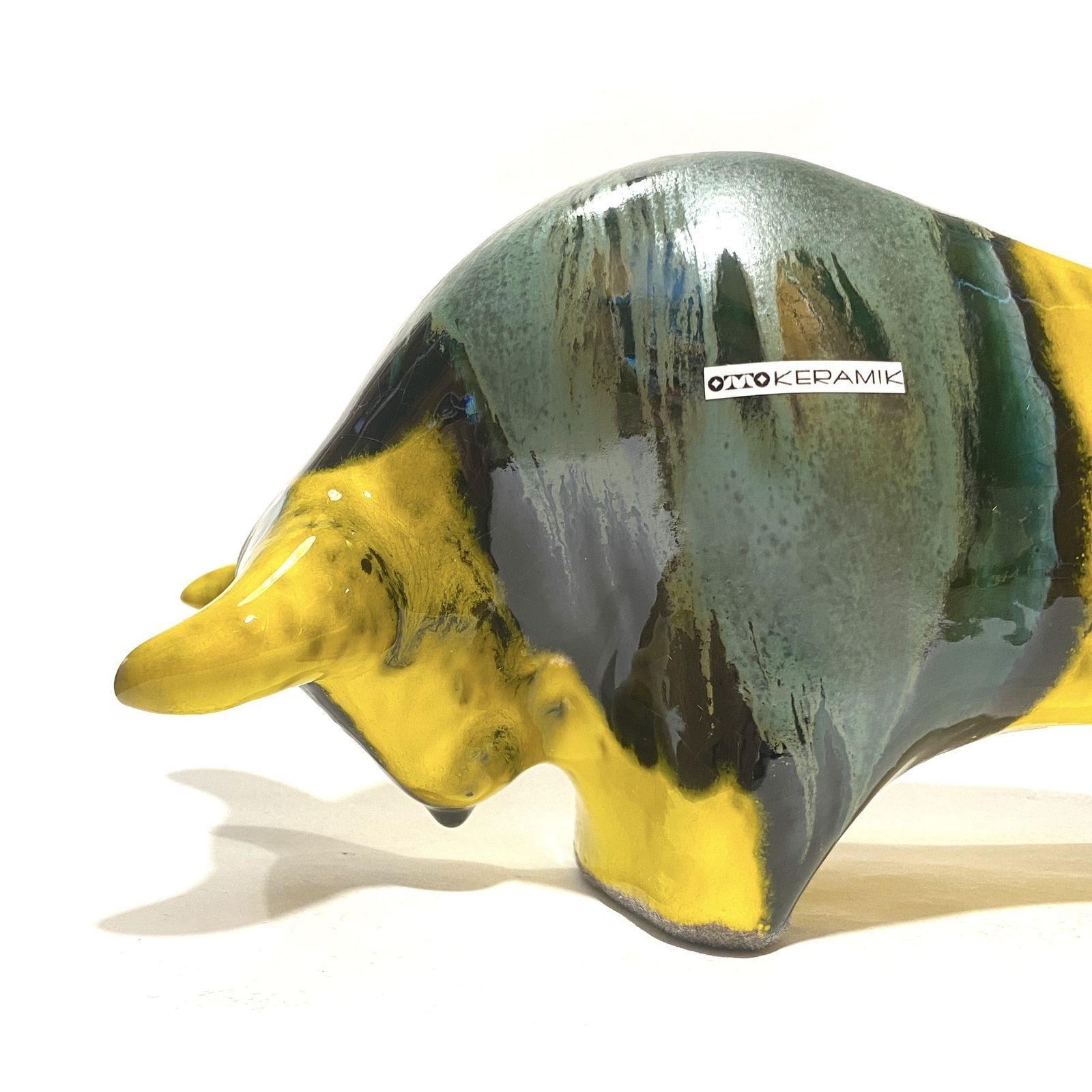 Otto Keramik stier in Brazil-glazuur van geel en groen, West German Pottery stijl sculptuur photo 109.99
