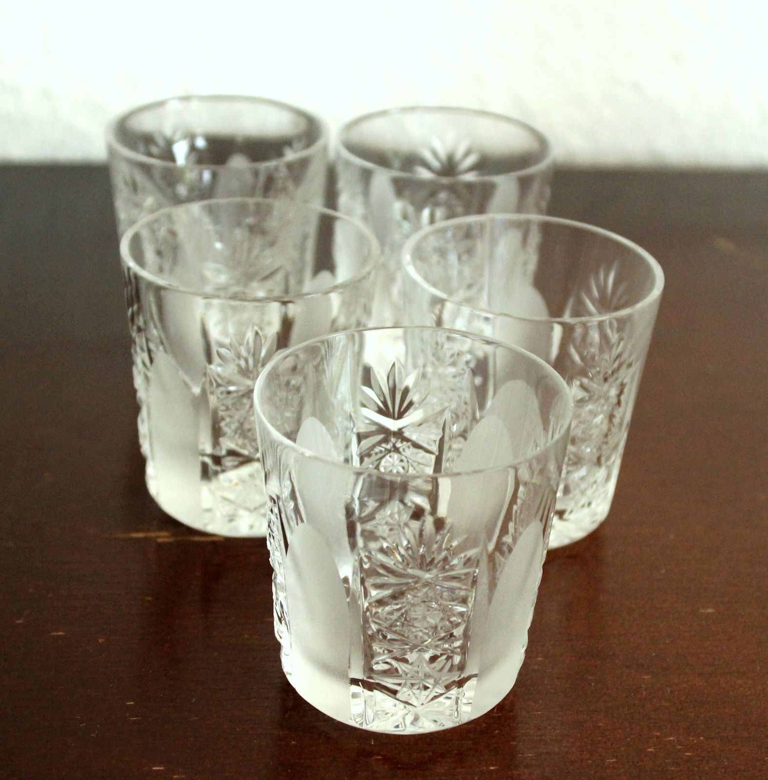 Set Of A Hand Cut Bohemian Lead Crystal Carafe And 5 Liqueur Glasses On A Wooden Florentine Tray   Vintage photo vintage