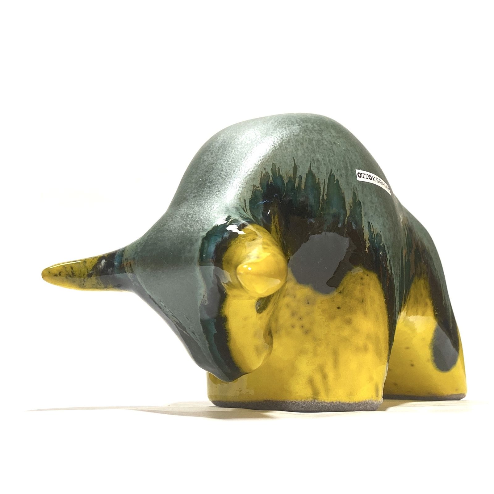Otto Keramik Bull In Green Over Yellow Drip Glaze, West German Pottery Style Sculpture photo furniture