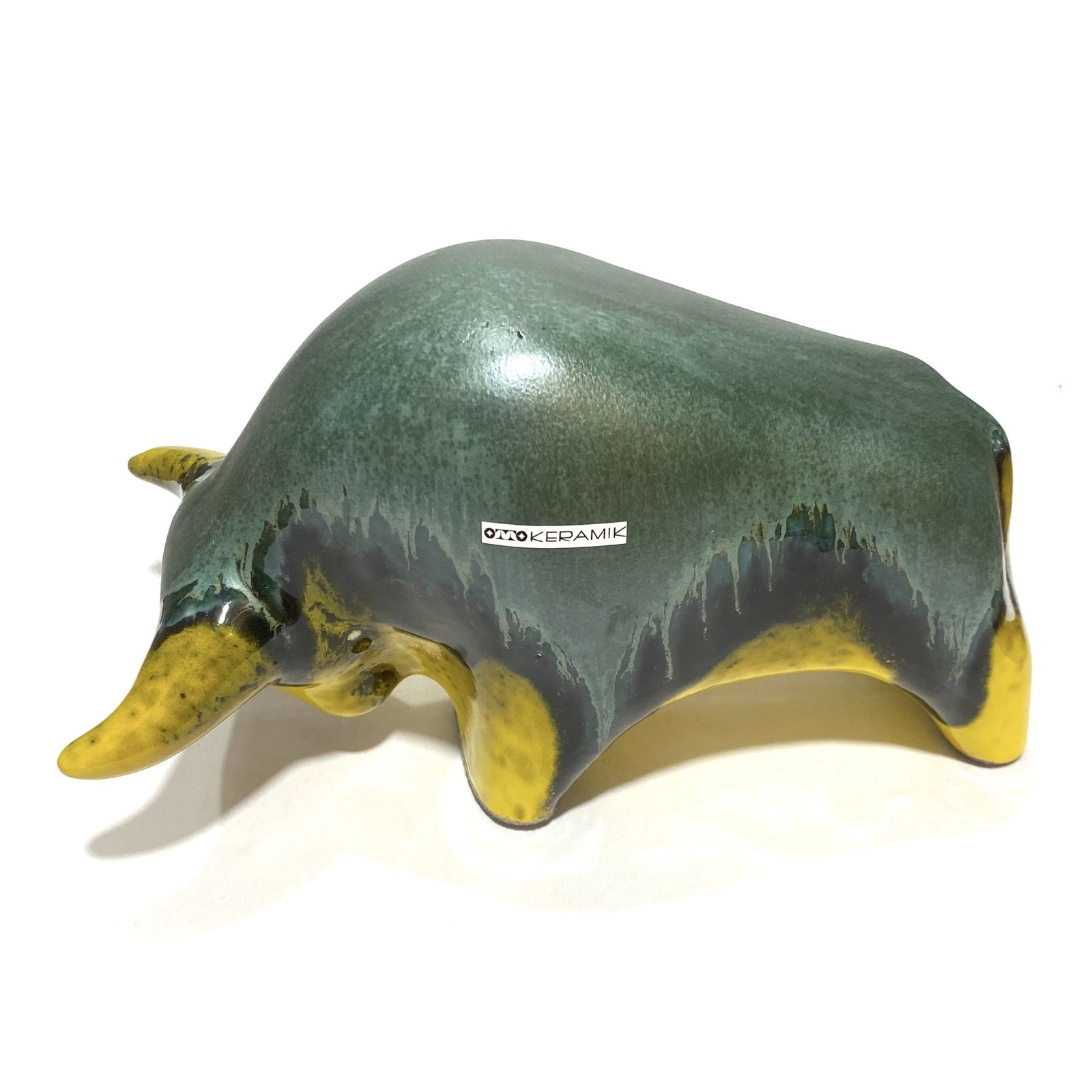 Otto Keramik Bull In Green Over Yellow Drip Glaze, West German Pottery Style Sculpture photo 109.99