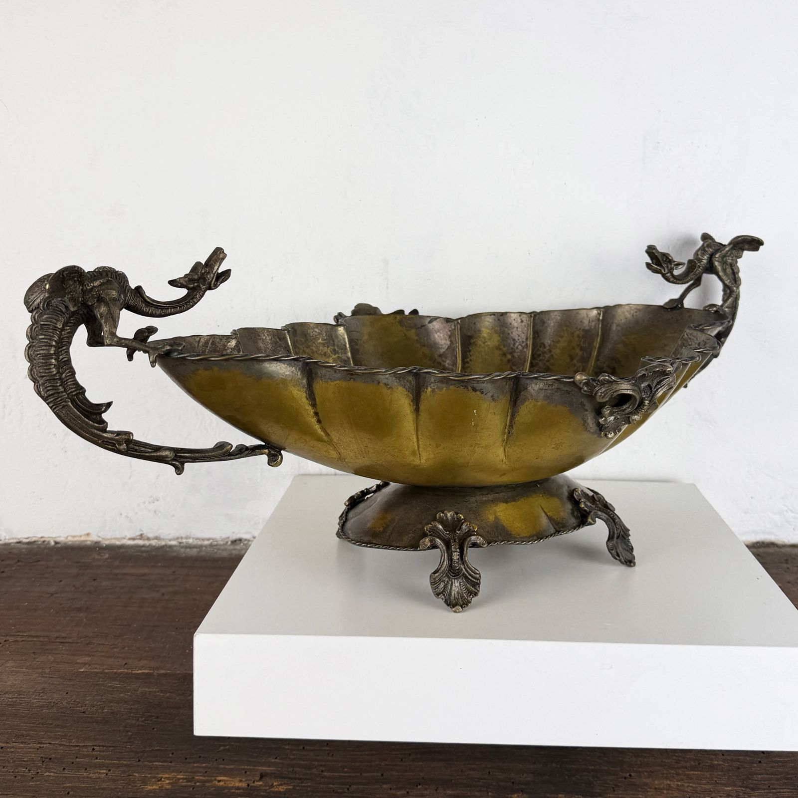 Antique Silverplate Centerpiece With Dragon Handles, Footed Jardinière Or Fruit Bowl photo for sale