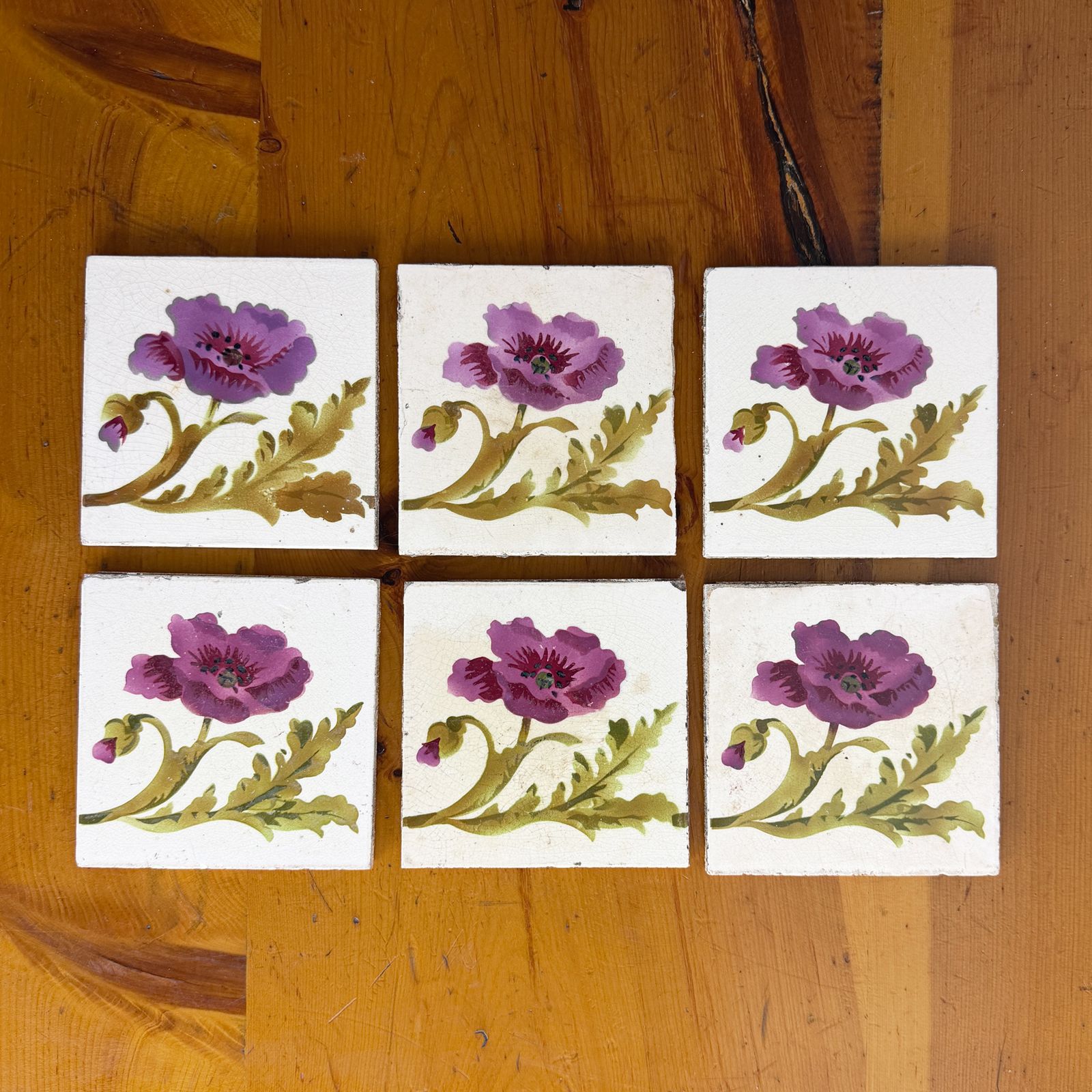 Set van 6 Art Nouveau Bloemen Keramische Tegels, Architectural Salvage