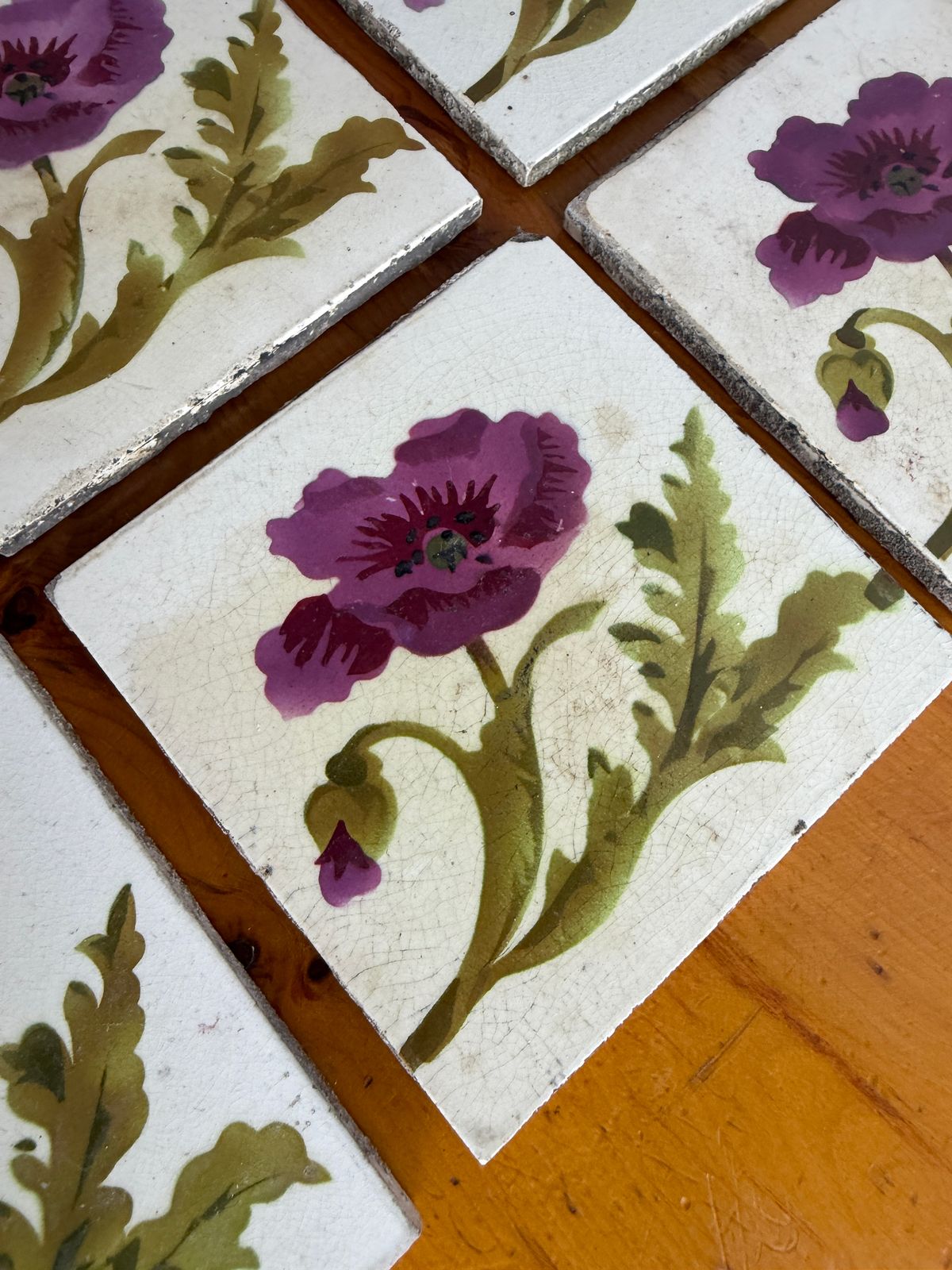 Set van 6 Art Nouveau Bloemen Keramische Tegels, Architectural Salvage photo buy