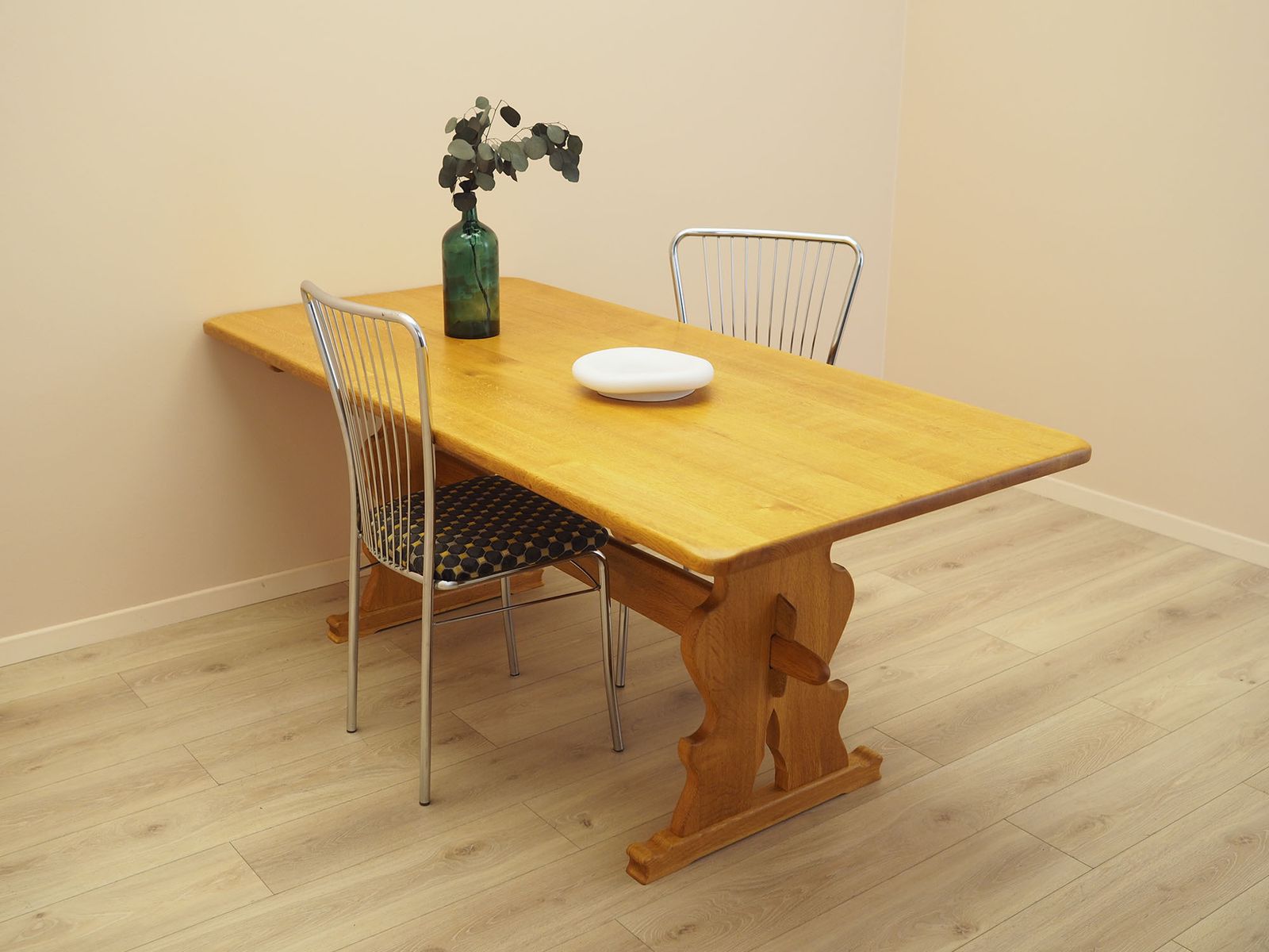 Danish Solid Oak Dining Table, Trestle Construction, 1960s photo for sale