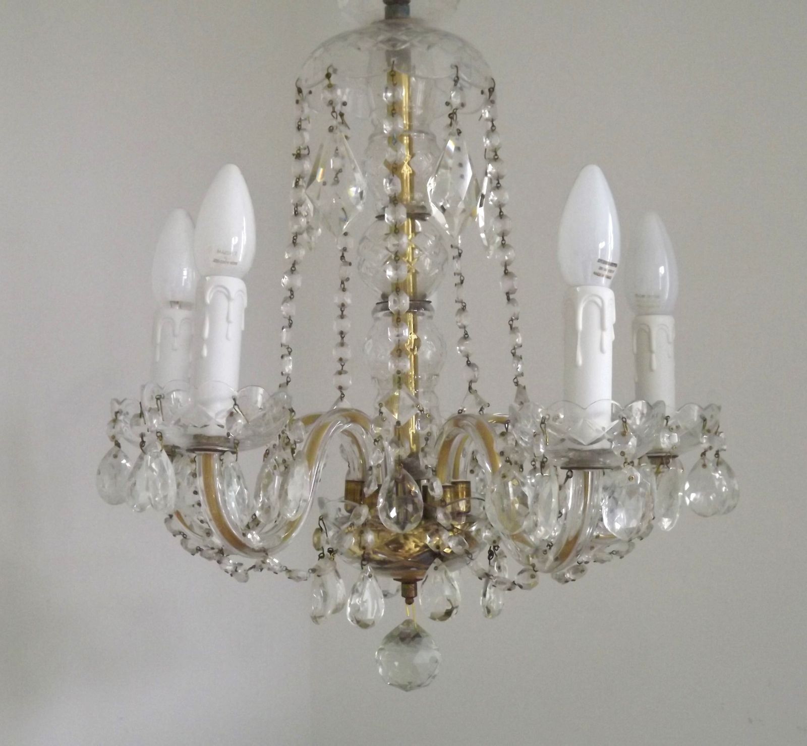French Vintage Maria Theresa Gold Metal & Glass 5 Light Crystal Chandelier photo furniture