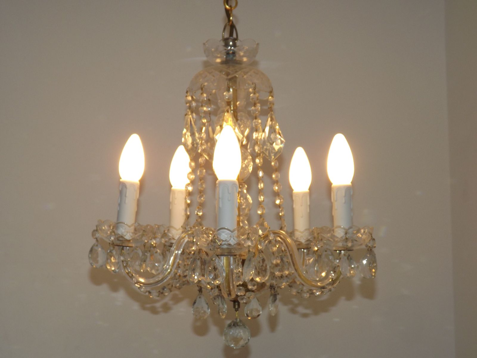 French Vintage Maria Theresa Gold Metal & Glass 5 Light Crystal Chandelier photo vintage