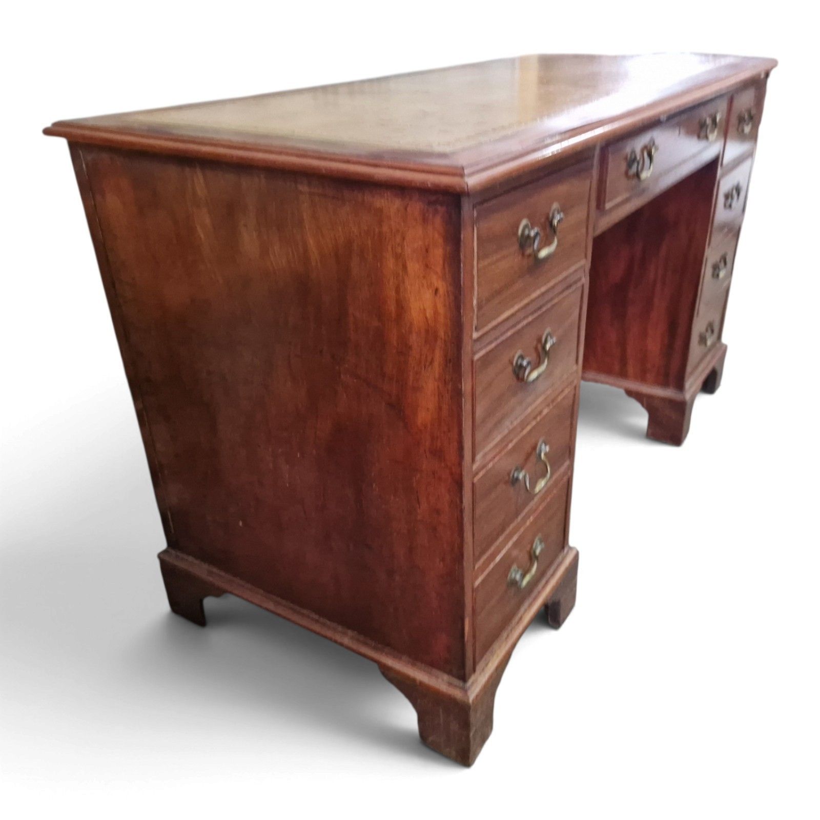 Antique Mahogany Pedestal Desk Leather Top 9 Drawer Kneehole photo vinterior