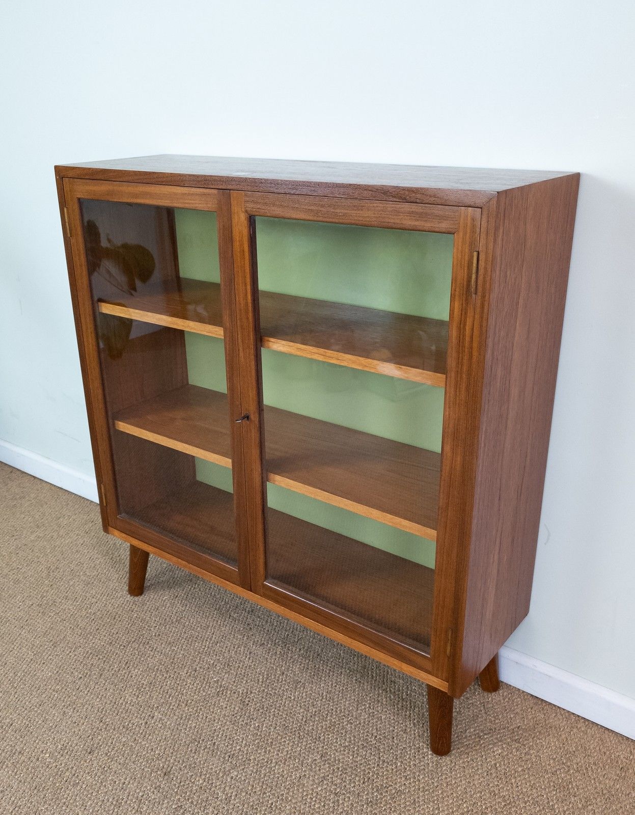 photo for sale Refinished Vintage Teak Mid Century G Plan Small Green Glazed Cabinet Bookcase