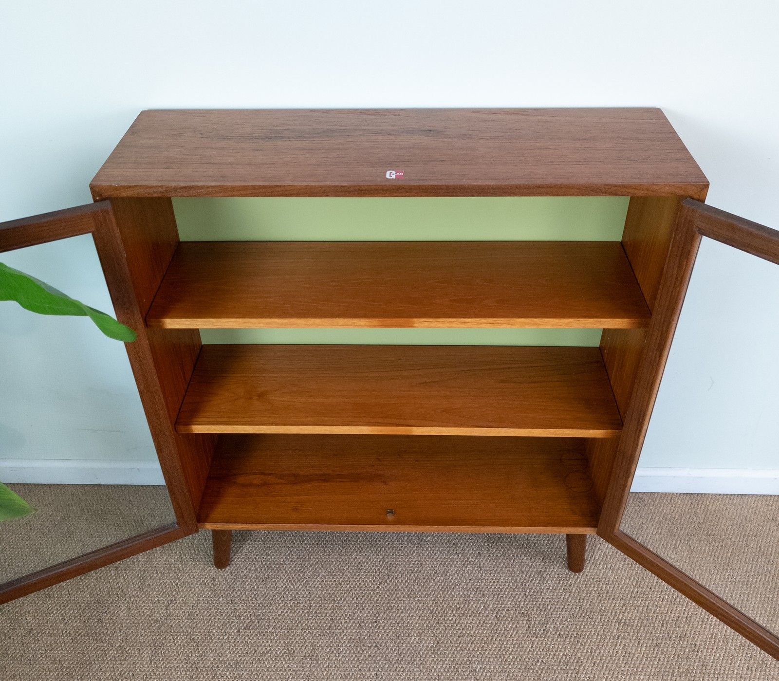 photo vinterior Refinished Vintage Teak Mid Century G Plan Small Green Glazed Cabinet Bookcase