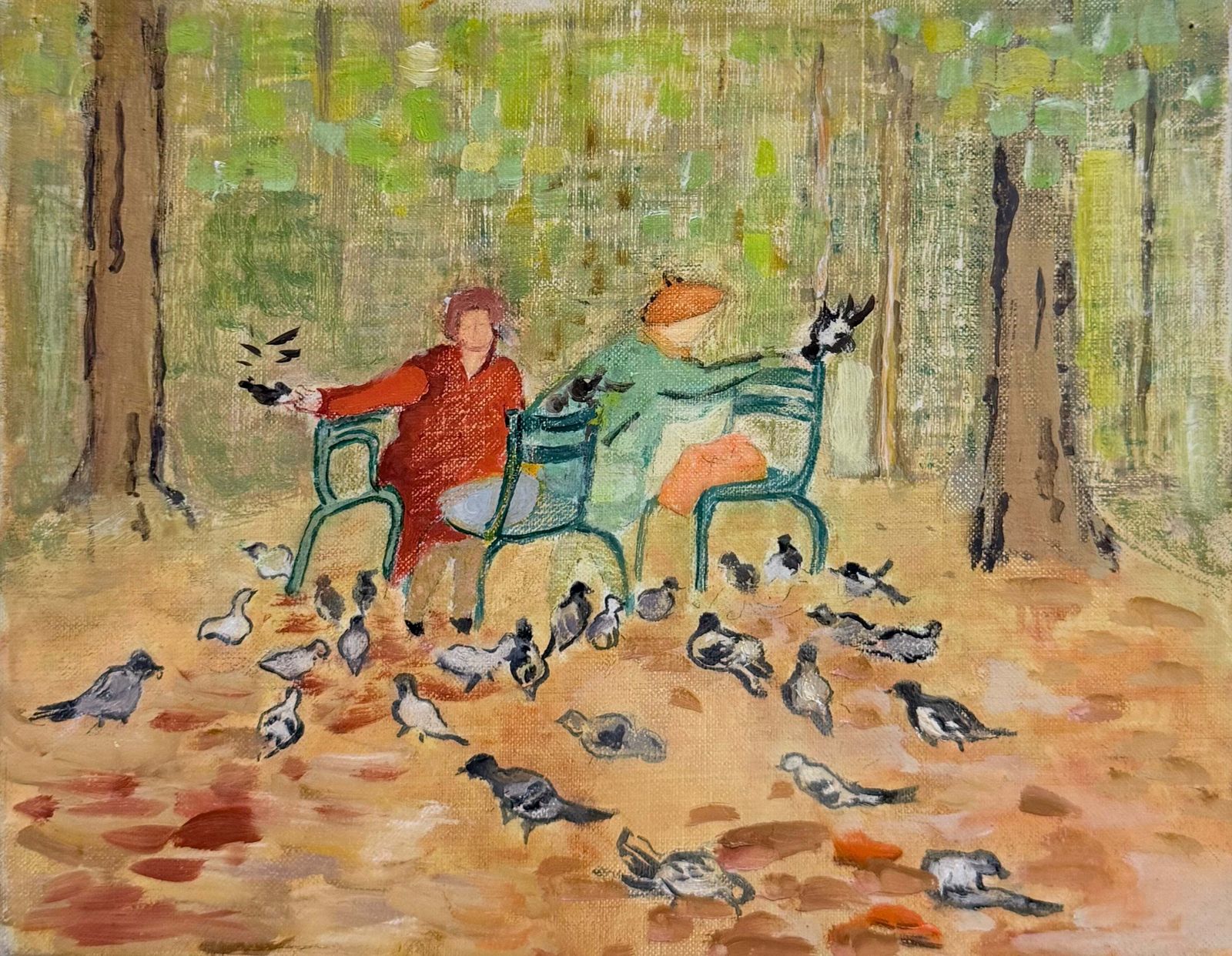 Pigeons dans un sous-bois automnal, peinture moderniste acrylique, XXe siècle
