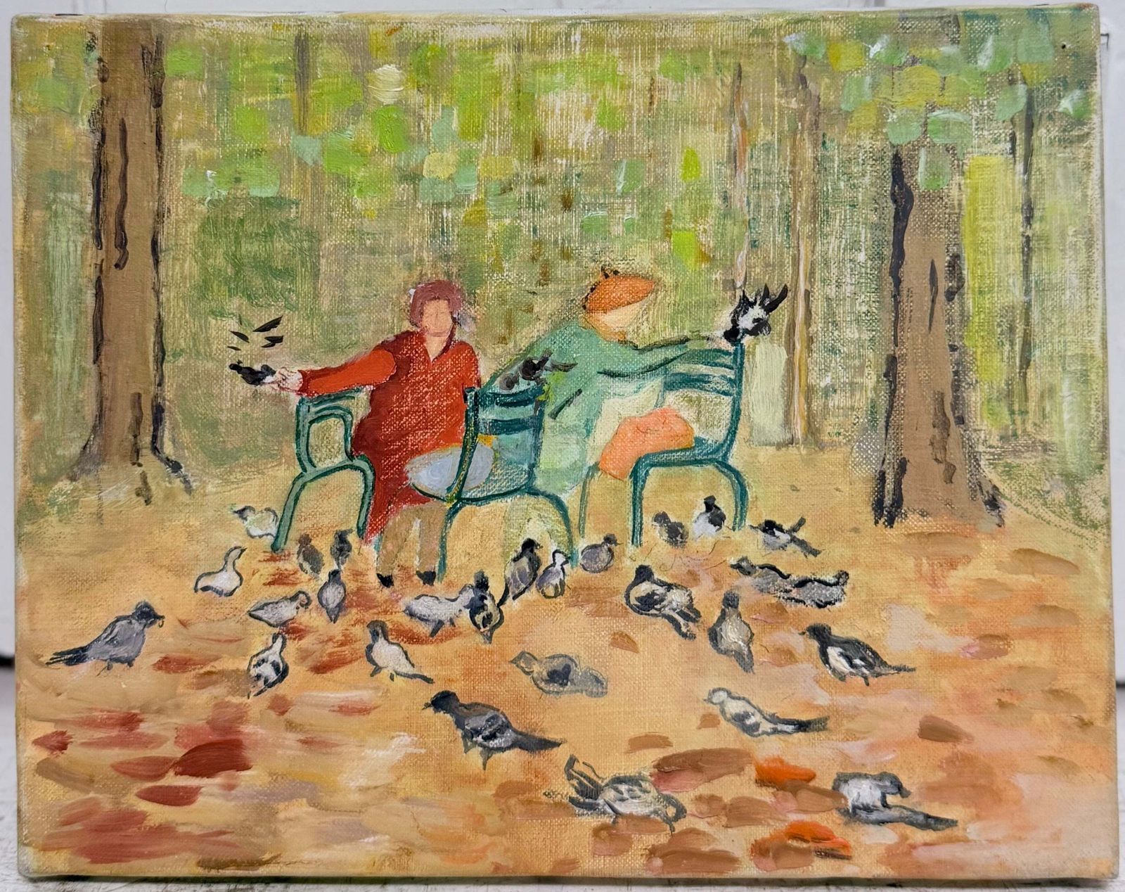 Feeding The Pigeons In A Autumnal Woodland 20th.C Modernist Acrylic Painting photo furniture