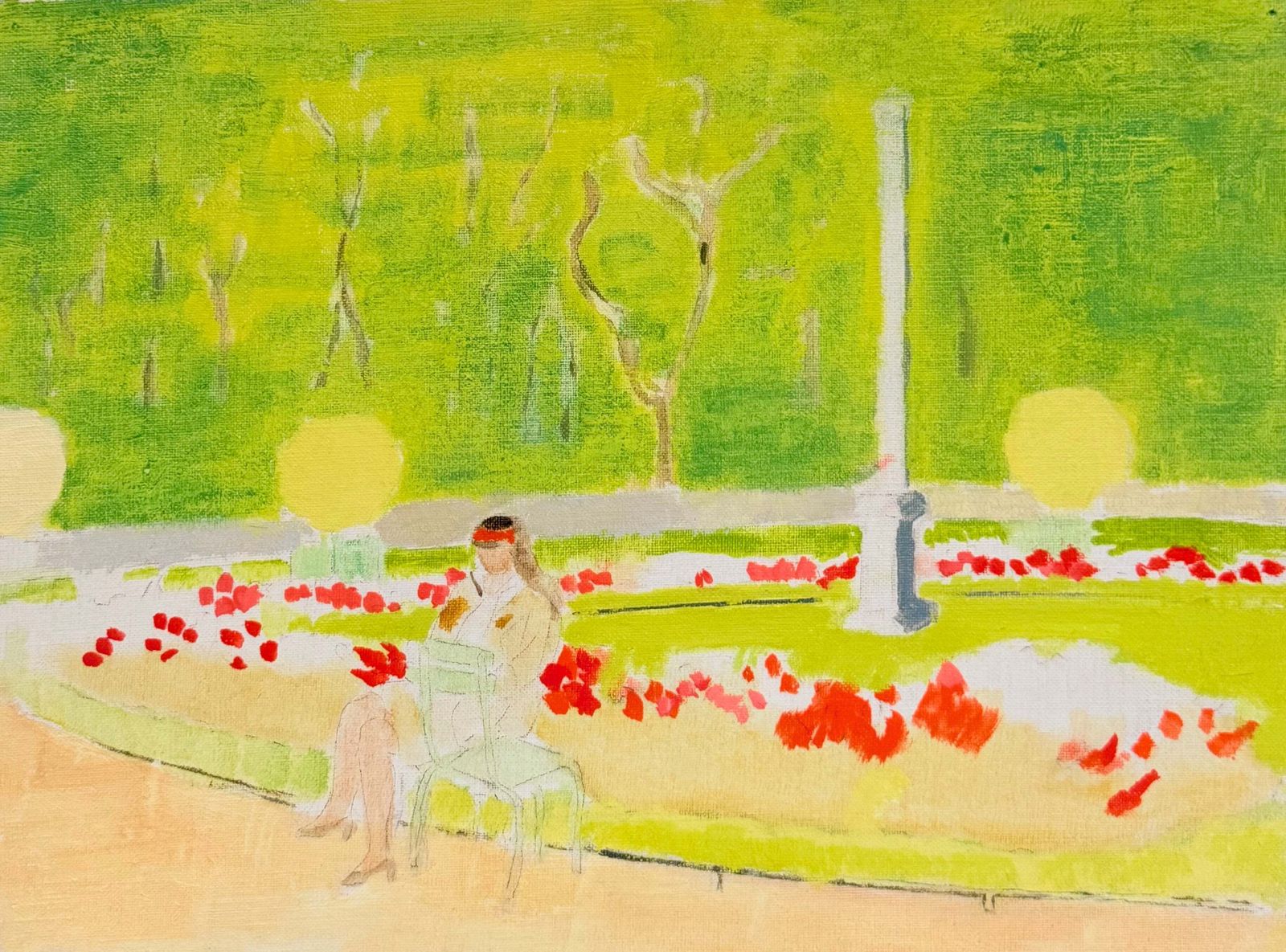 Figure lisant parmi les coquelicots rouges dans le Jardin du Luxembourg, moderniste, XXe siècle