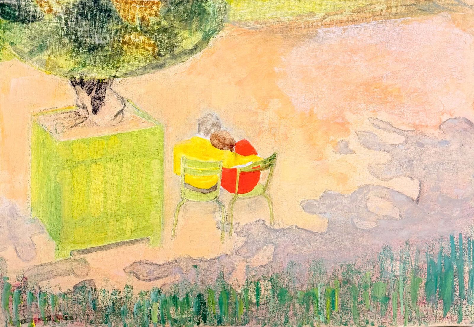 Couple assis sous un arbre dans un parc parisien, peinture moderniste française, XXe siècle