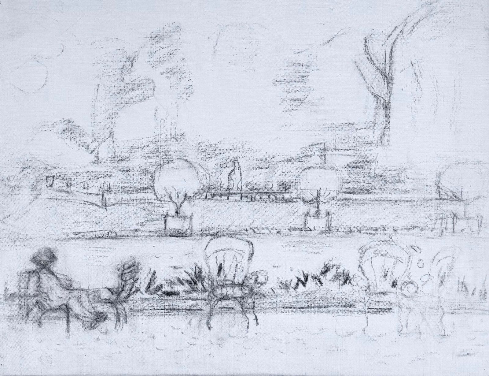 Figures Seated In A Parisian Park French Modernist 20th Century Drawing