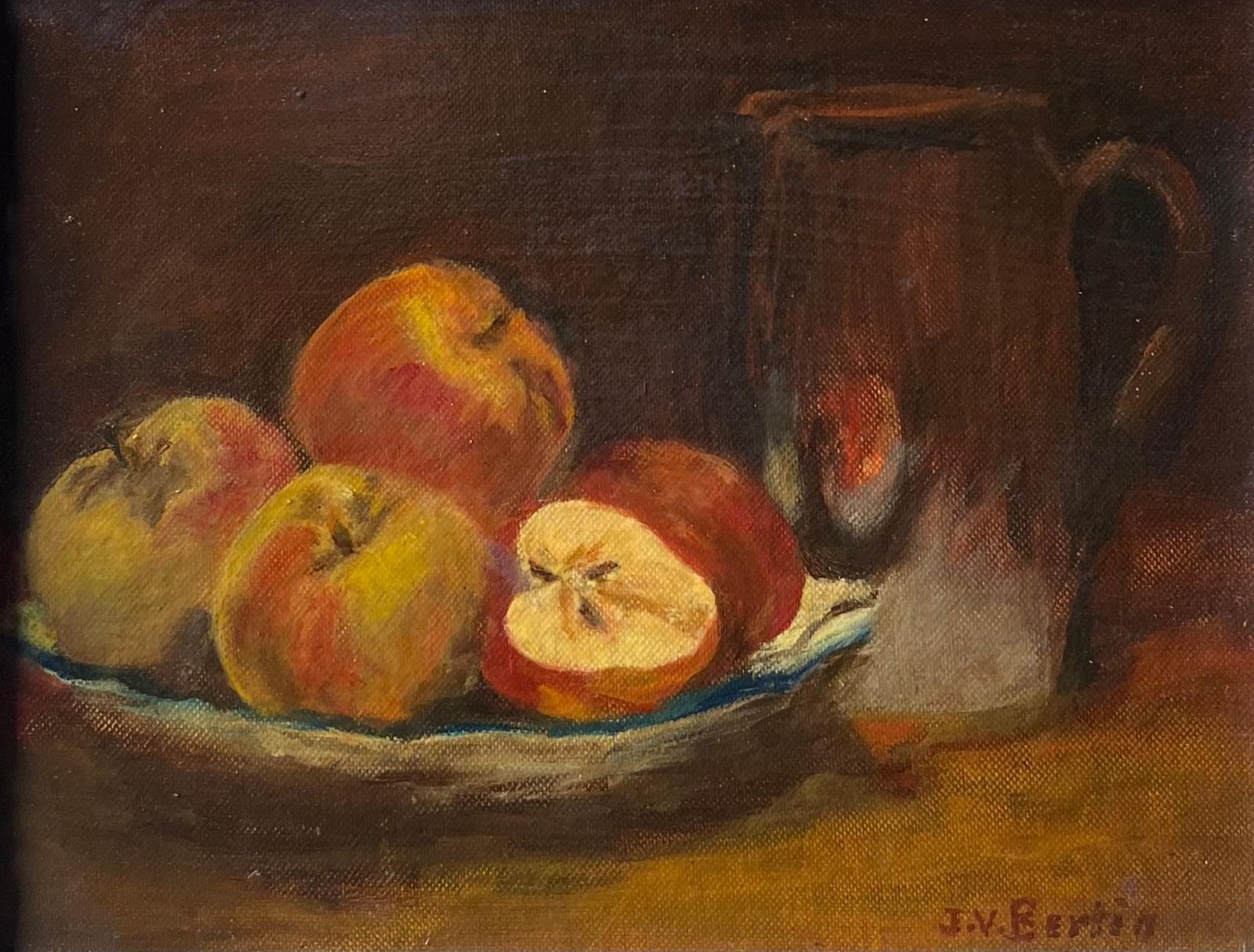 Peinture à l'huile d'époque, nature morte aux pommes sur table, lumière douce, signée, école française photo furniture