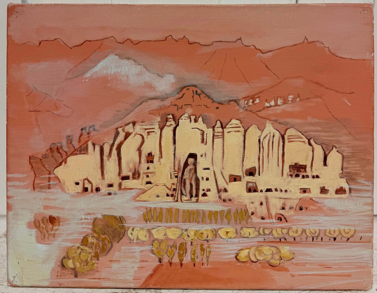 Ancient Desert City And Mountain Landscape French Modernist 20th.C Oil Painting photo furniture