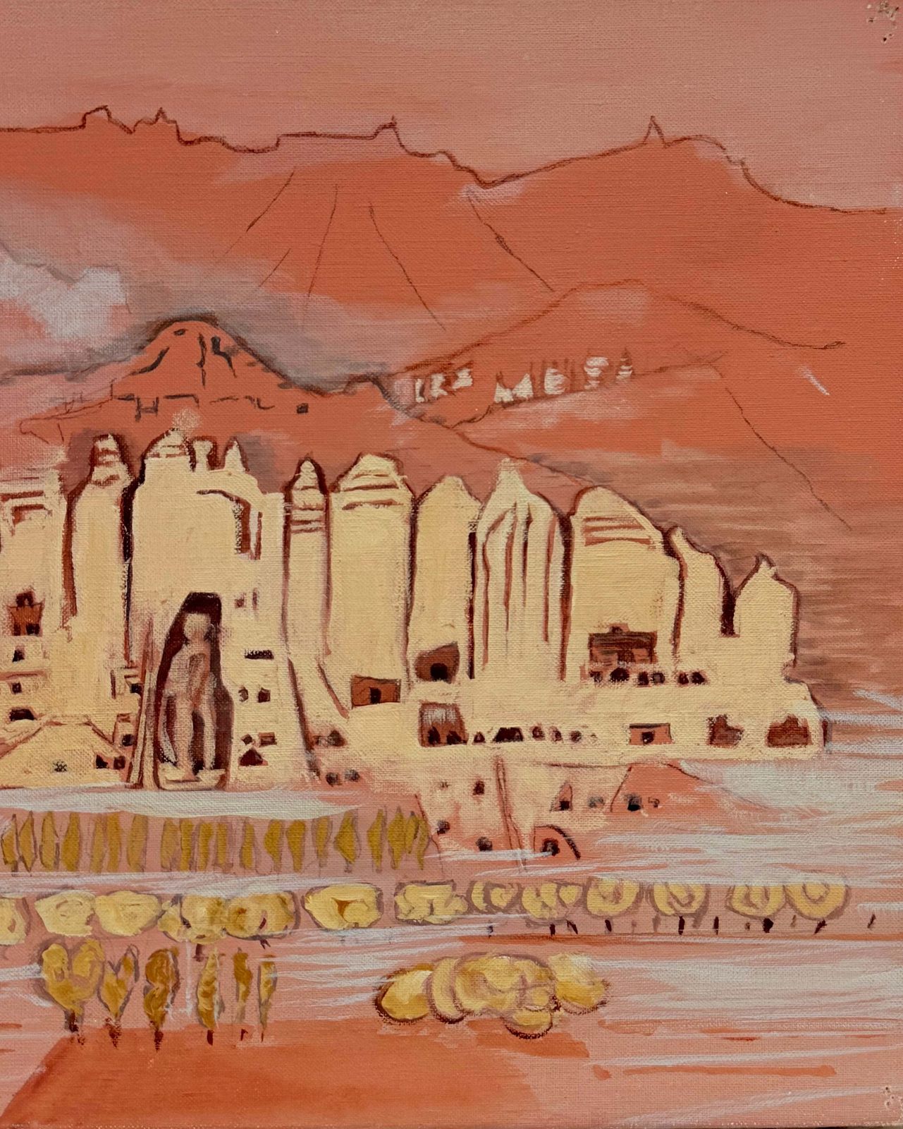 Ancient Desert City And Mountain Landscape French Modernist 20th.C Oil Painting photo for sale