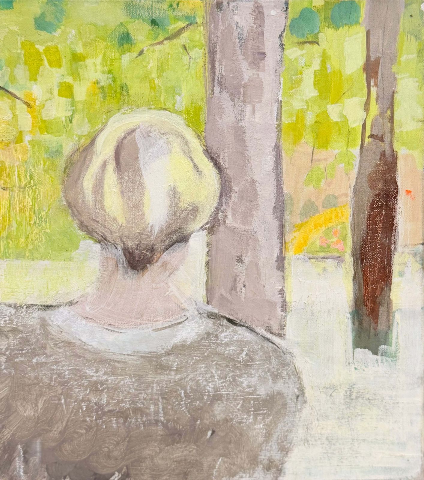 Figure blonde regardant vers un bois, peinture moderniste française, XXe siècle, huile sur toile photo for sale