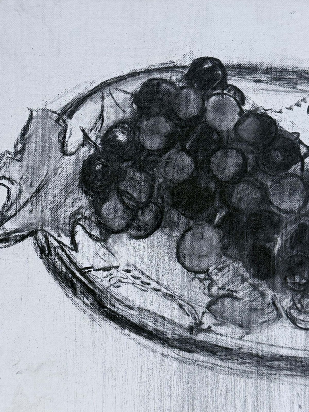 Nature morte en noir et blanc aux raisins, modernisme français, XXe siècle, dessin au fusain photo Art