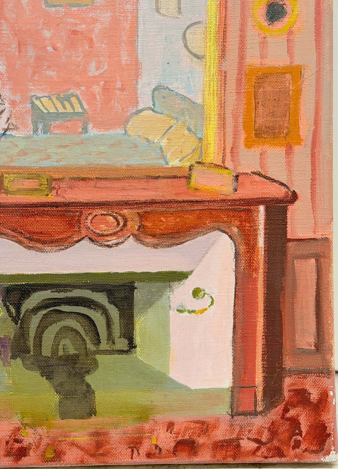 Intérieur français coloré avec cheminée et fleurs, peinture à l'huile moderniste photo for sale