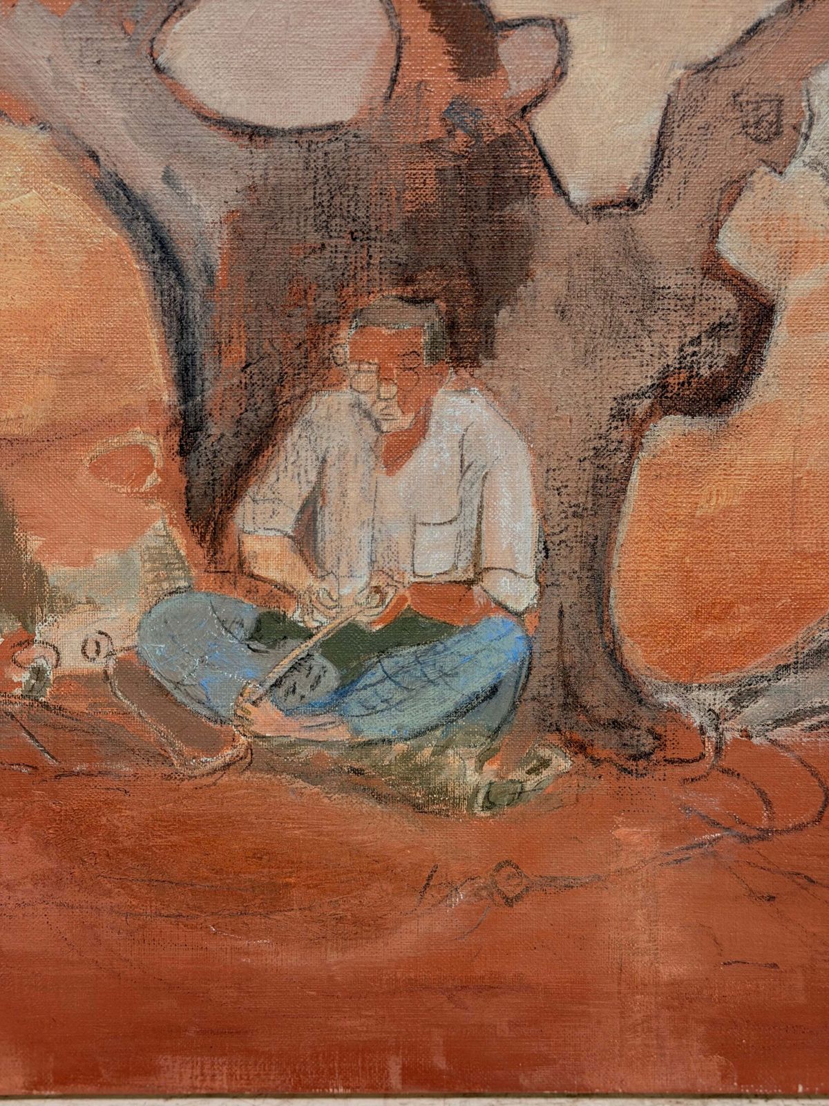 Artisan au travail sous un arbre en automne, peinture moderniste française, XXe siècle, huile sur toile photo Art
