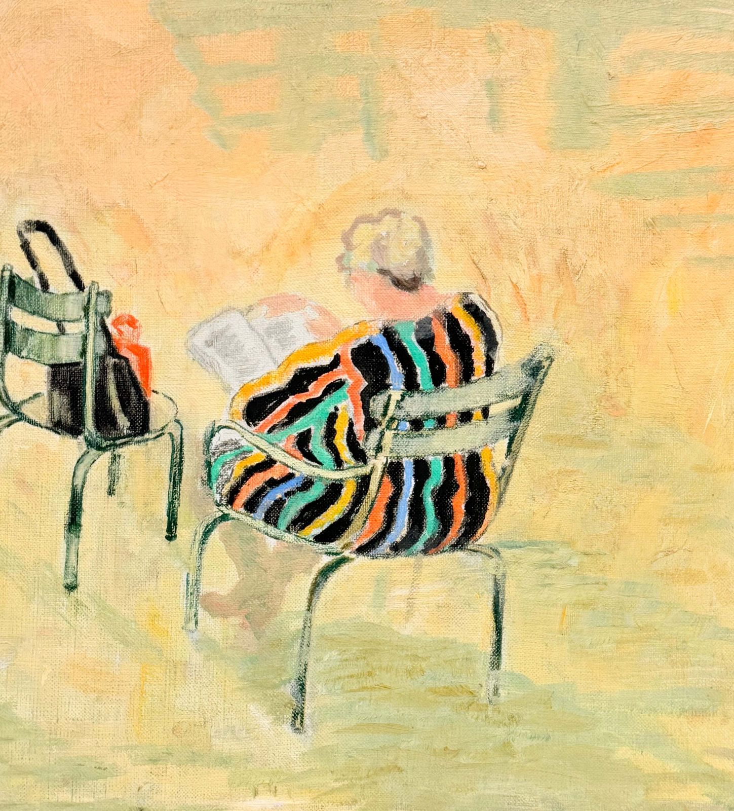 Woman Reading In A Parisian Park Striped Dress French Modernist 20th.C Painting photo for sale