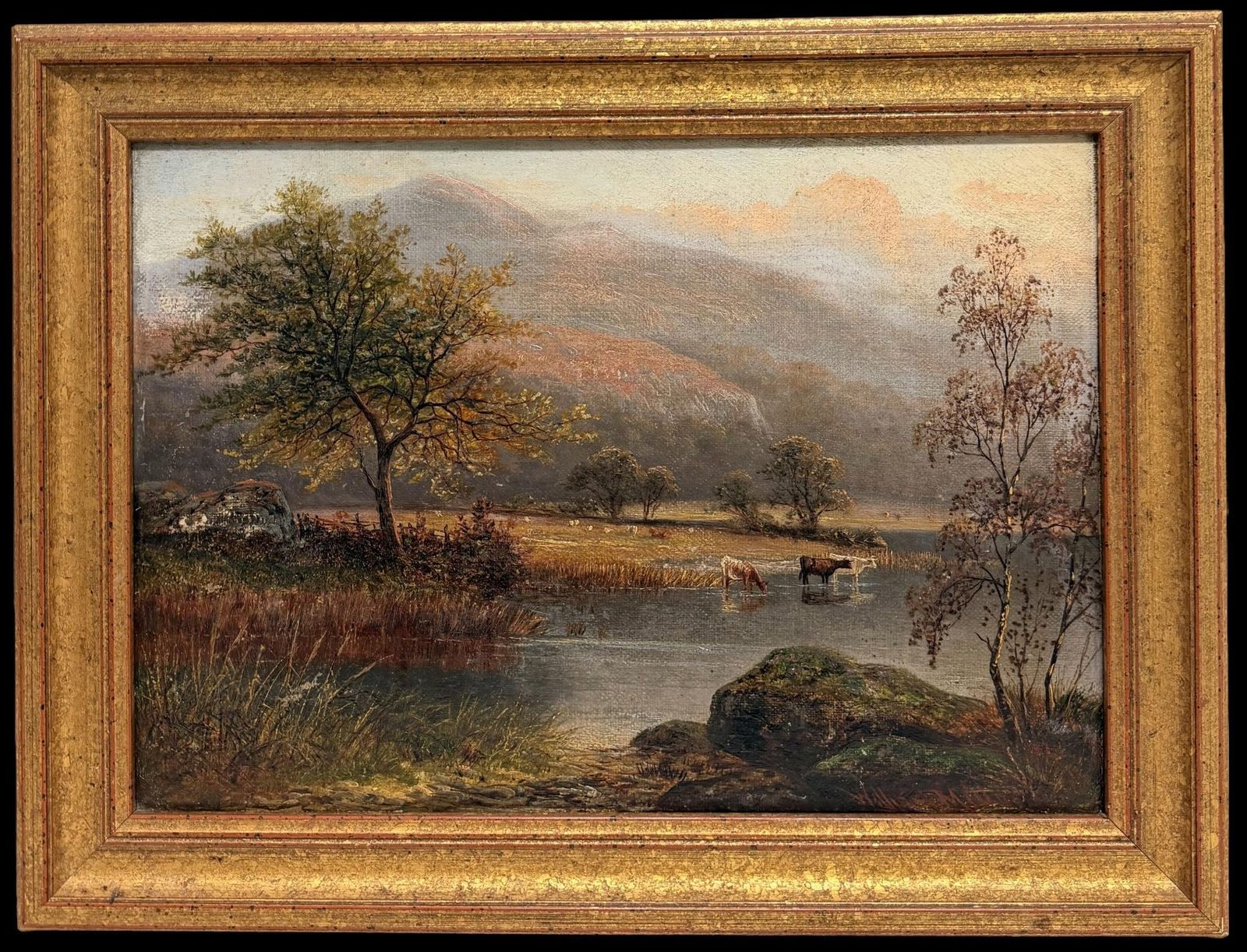 Bétail s'abreuvant dans un paysage automnal des Highlands, peinture à l'huile victorienne britannique d'époque
