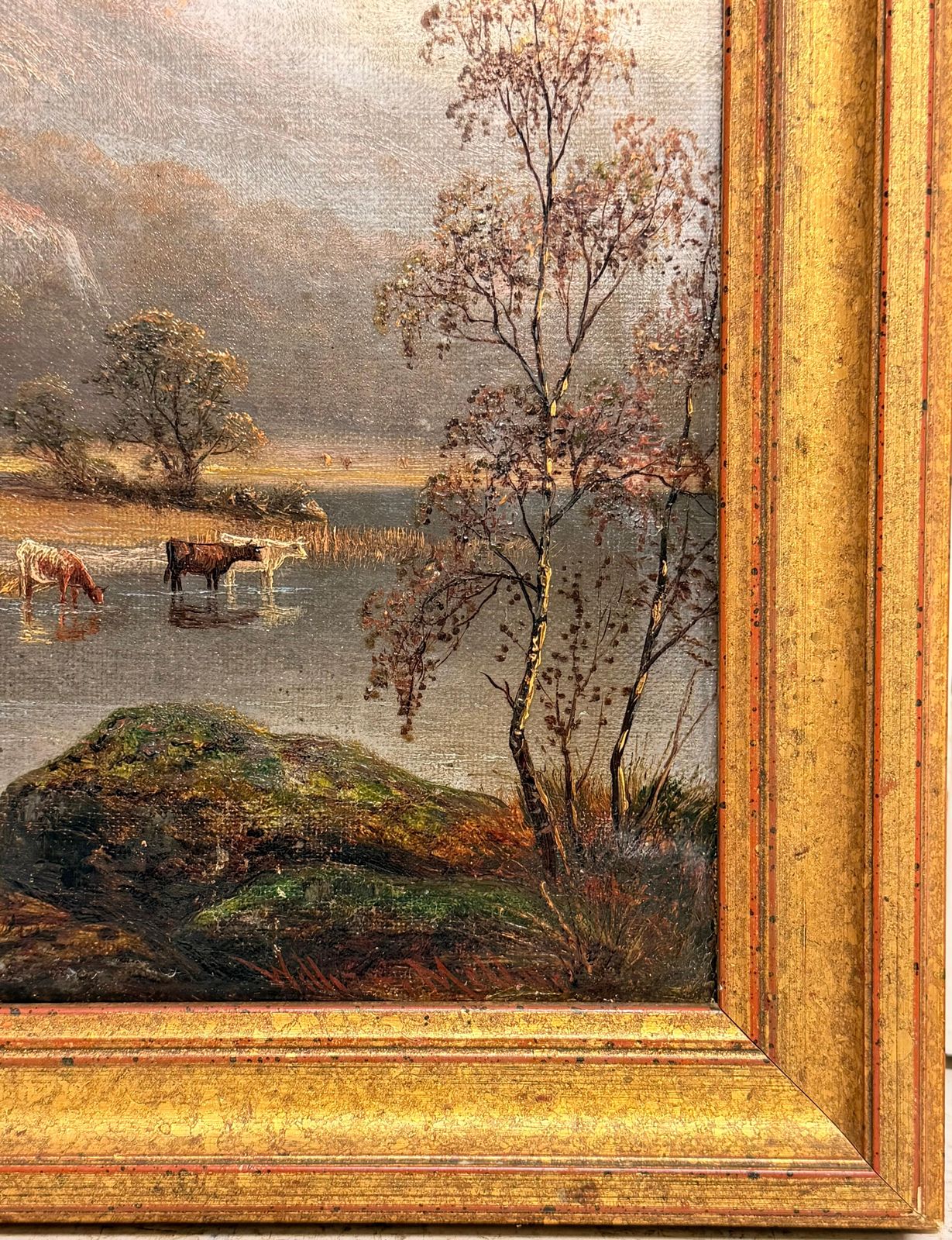 Bétail s'abreuvant dans un paysage automnal des Highlands, peinture à l'huile victorienne britannique d'époque photo for sale