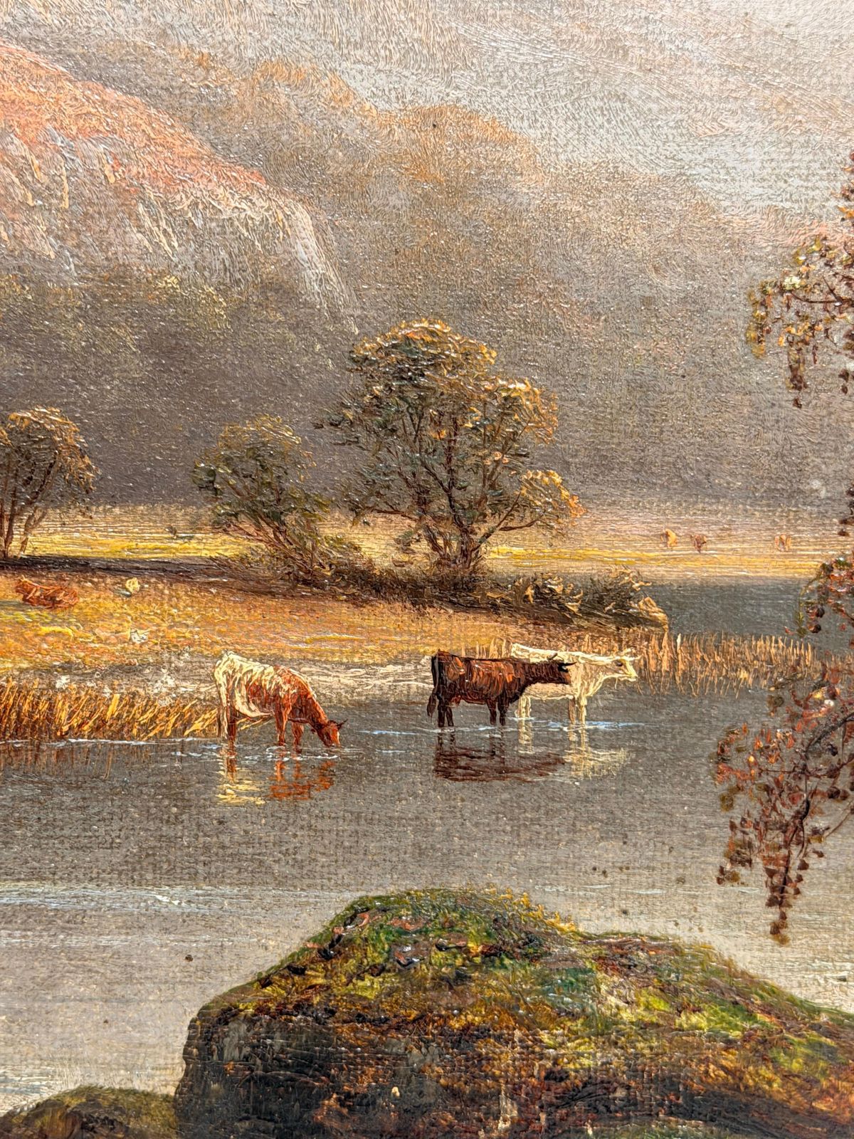 Bétail s'abreuvant dans un paysage automnal des Highlands, peinture à l'huile victorienne britannique d'époque photo 1377.0
