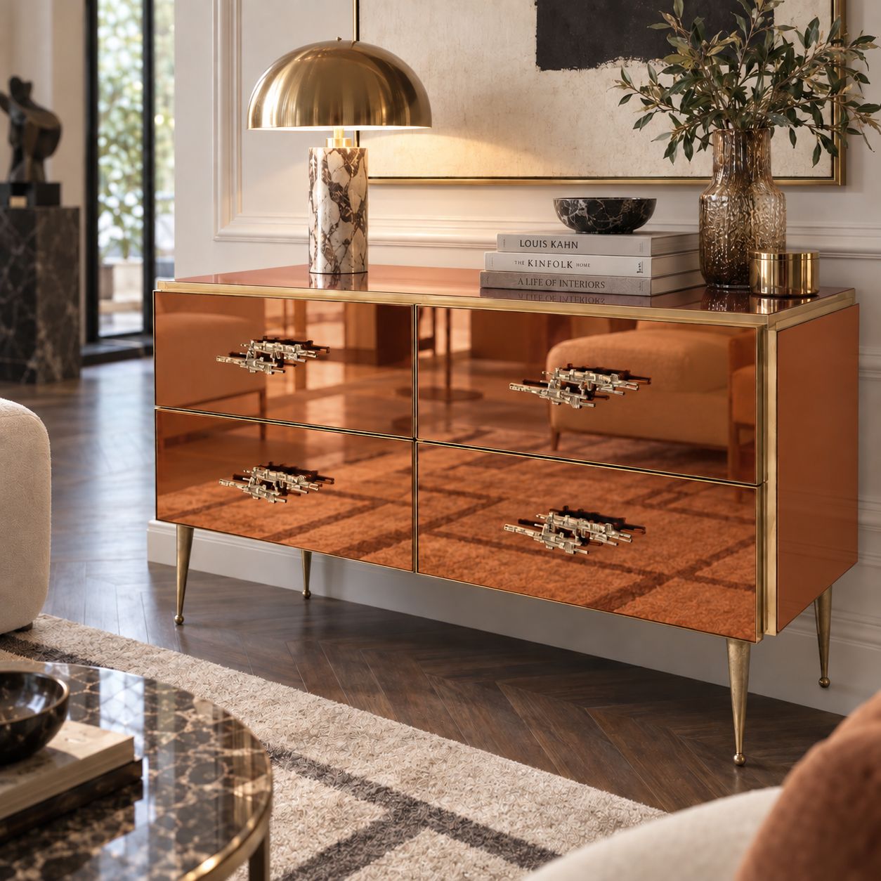Amber Gespiegelde Ladekast Met Messing Accenten, Mid-Century Modern Stijl photo buy
