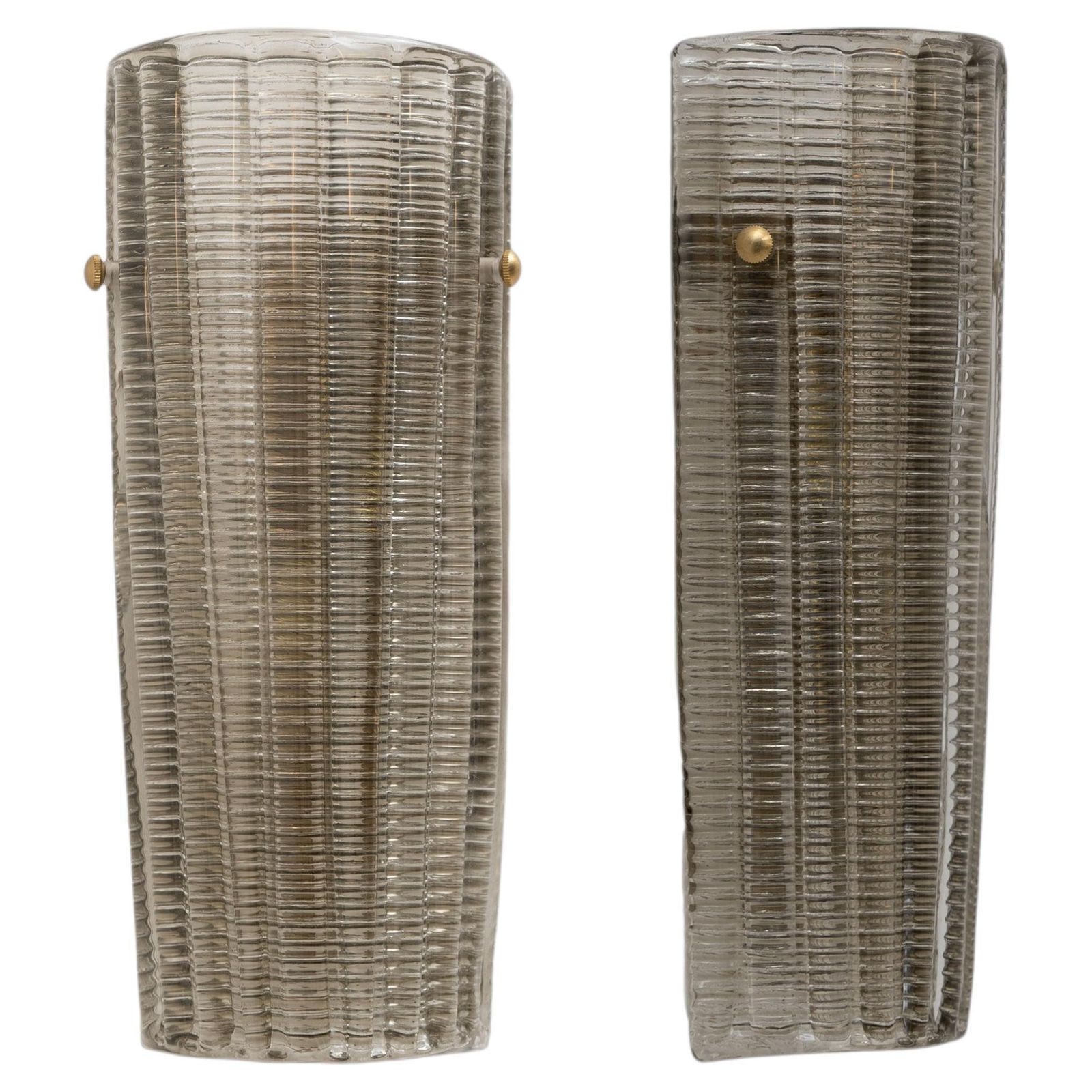 Pair Of Murano Glass Wall Sconces In Smoked Glass And Brass, Italy