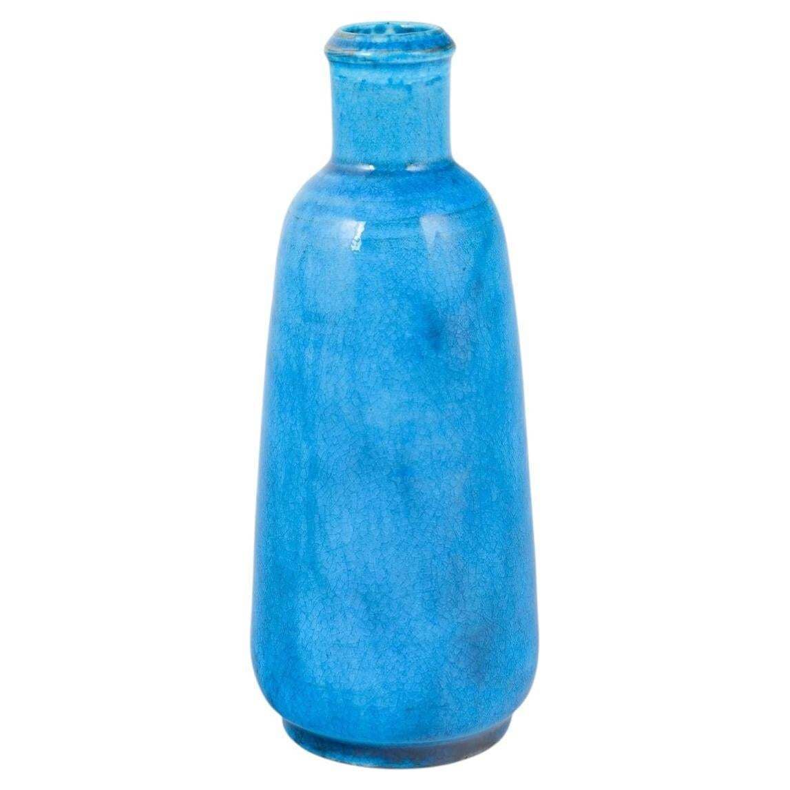 Vase cylindrique en céramique à glaçure bleu azur, Nils Kähler pour Kähler, années 1960