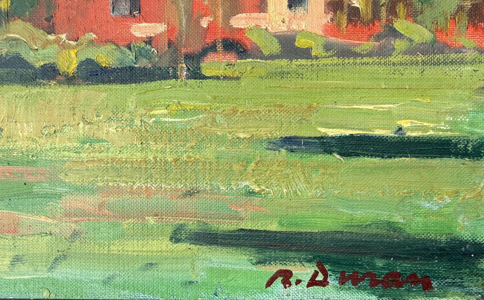 Rafael Duran Benet, Houses In Torcello, Venice, Colorful Italian Post Impressionist Landscape Oil 1985 photo furniture