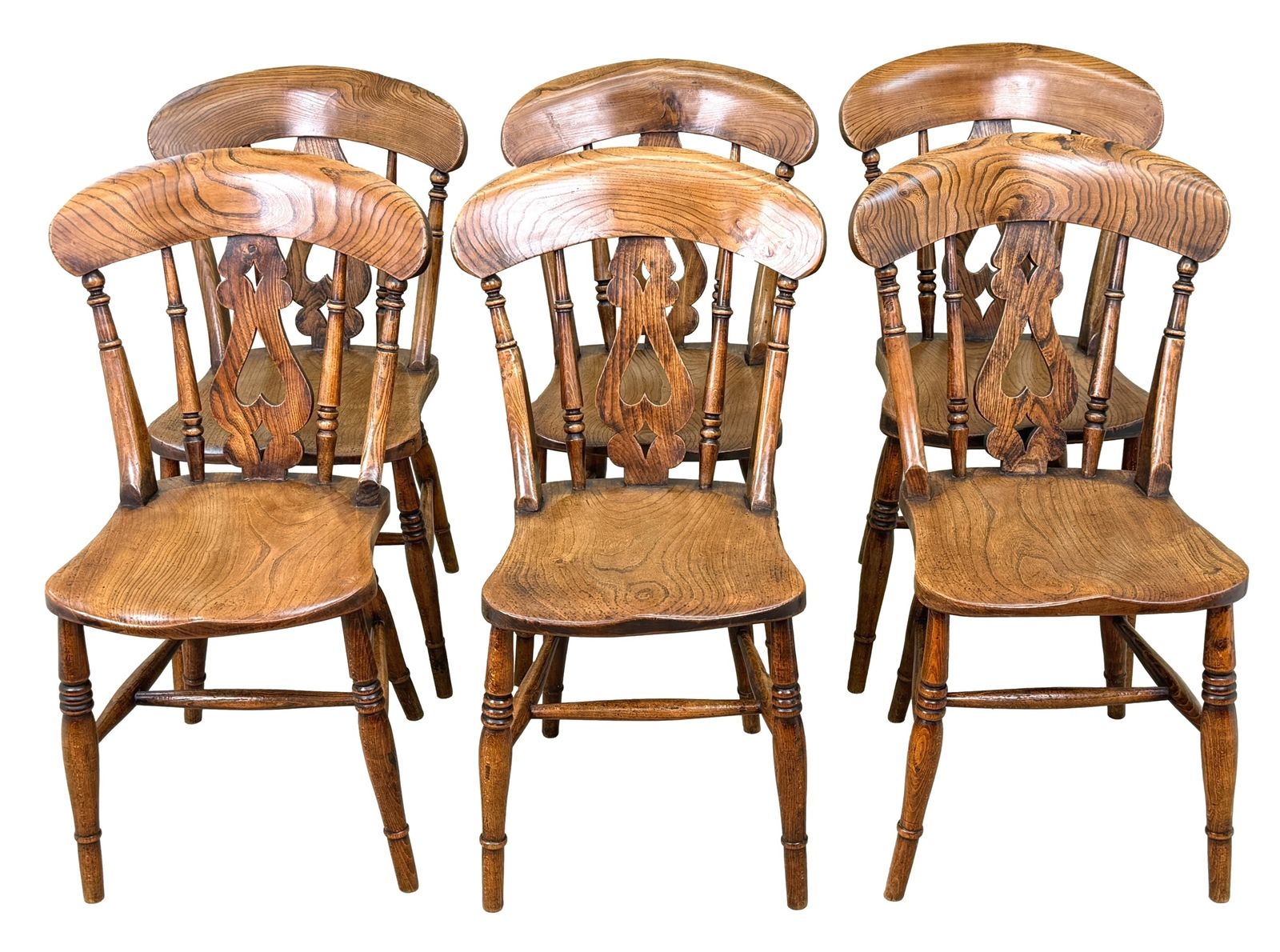 photo vintage Set van 6 Windsor eetkamerstoelen, boerderij/keuken, midden 19e eeuw (Engeland, ca. 1860)