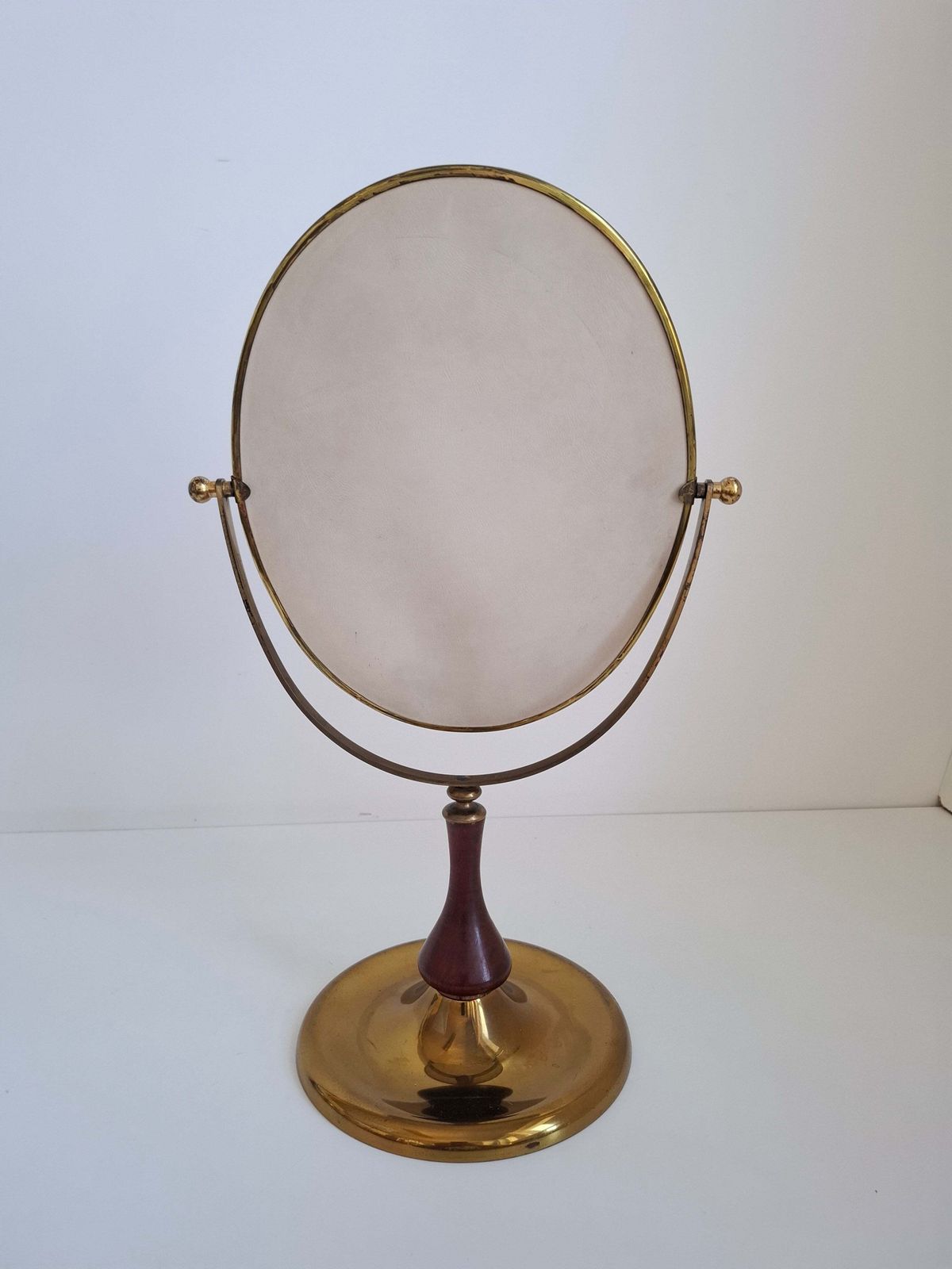 1960s Czechoslovakian Mid Century Brass And Wood Swivel Table Mirror